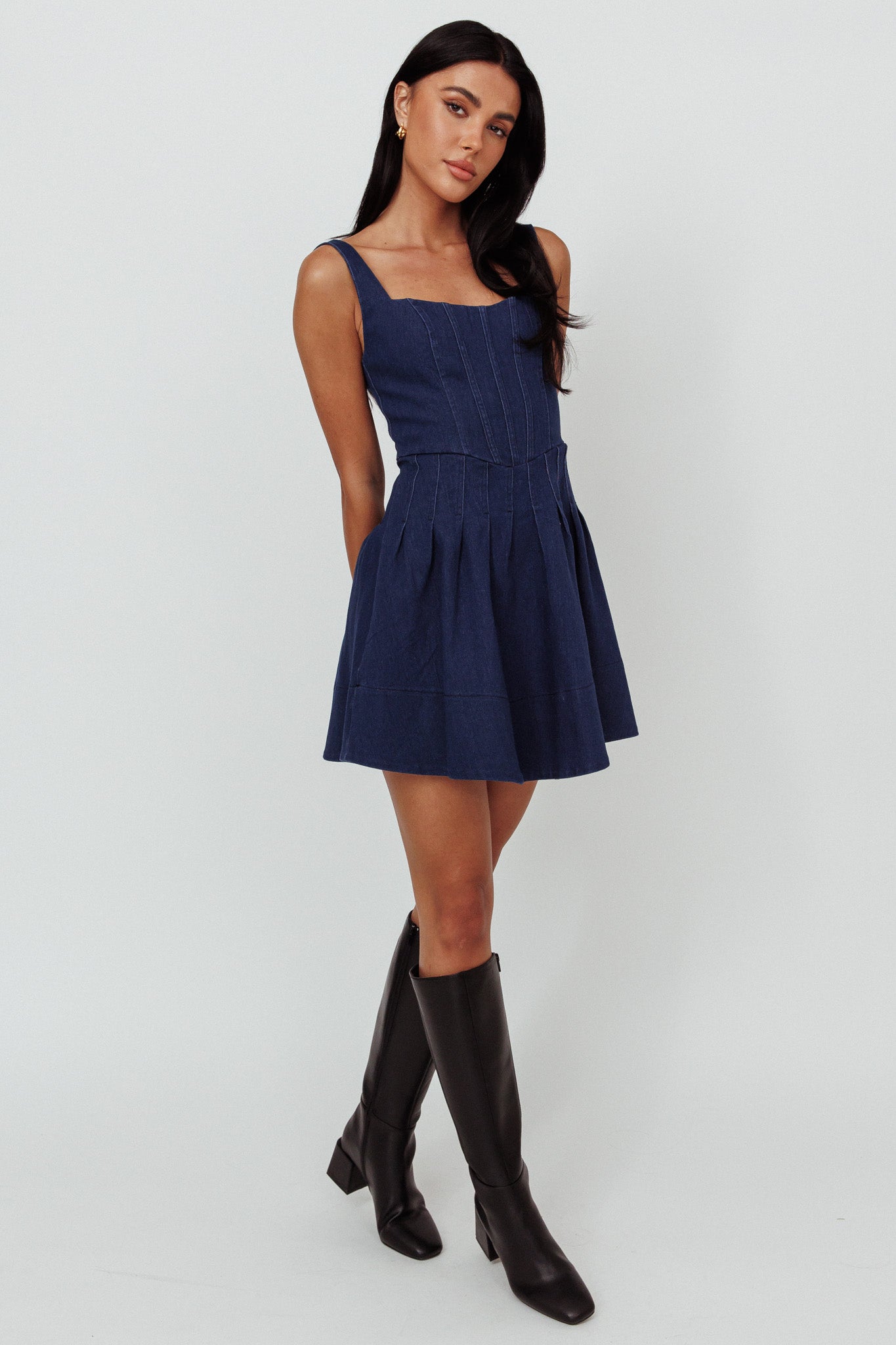Talisa Pintuck Pleat Waist Mini Dress Dark Blue-Maymioy