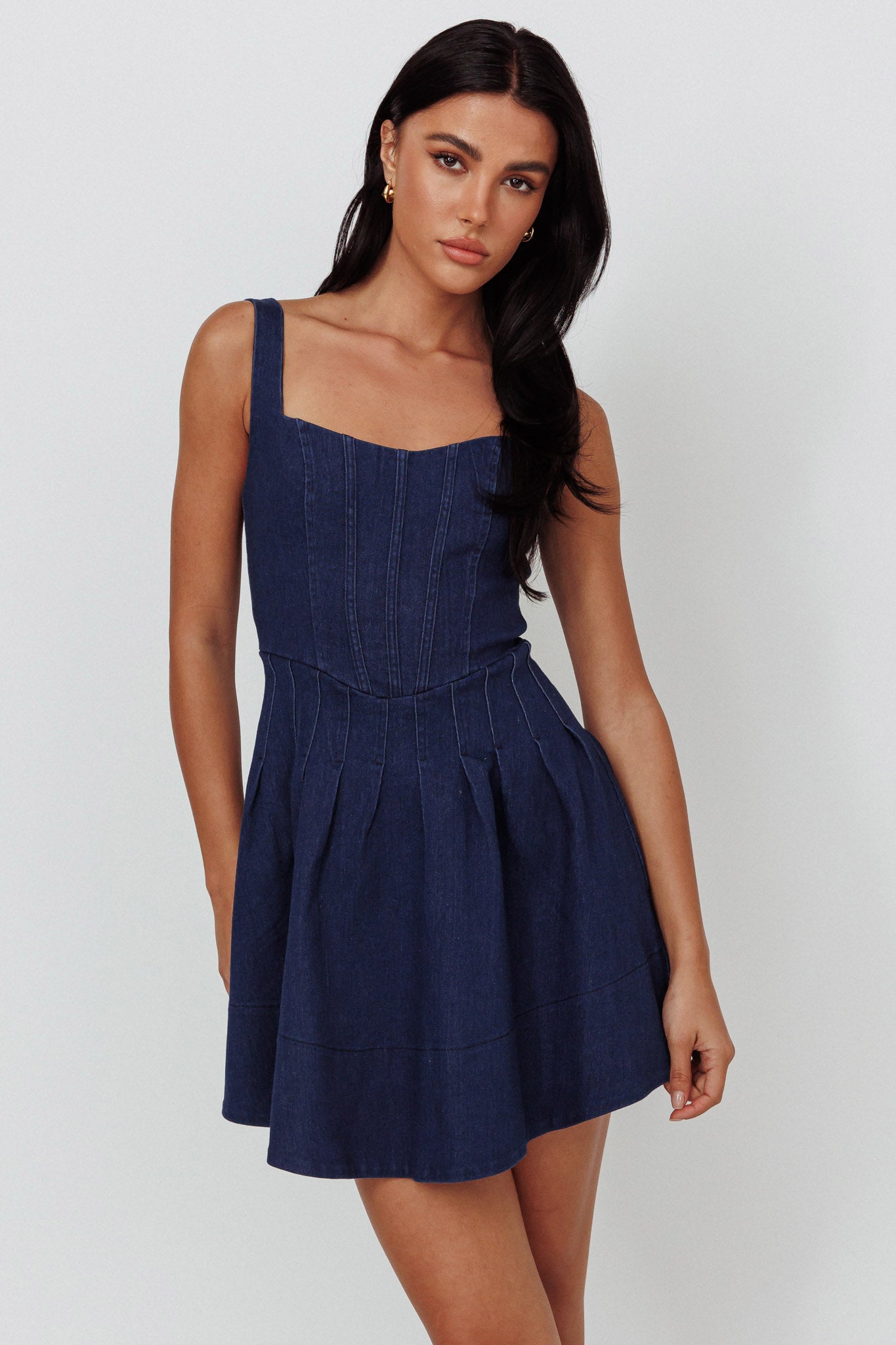 Talisa Pintuck Pleat Waist Mini Dress Dark Blue-Maymioy