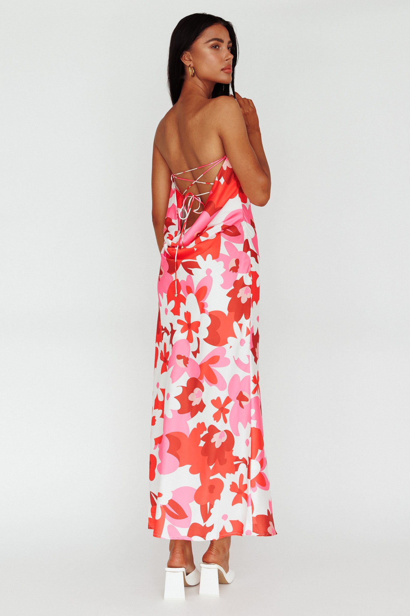 Latisha Strappy Cowl Back Midi Dress Floral Red-Maymioy