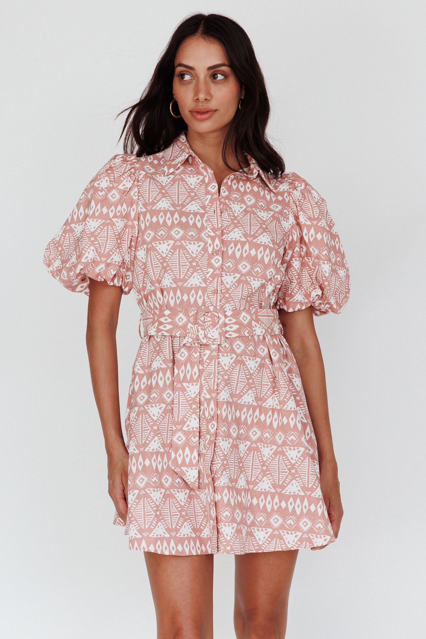 Nanette Puff Sleeve Belted Mini Dress Print Rose-Maymioy