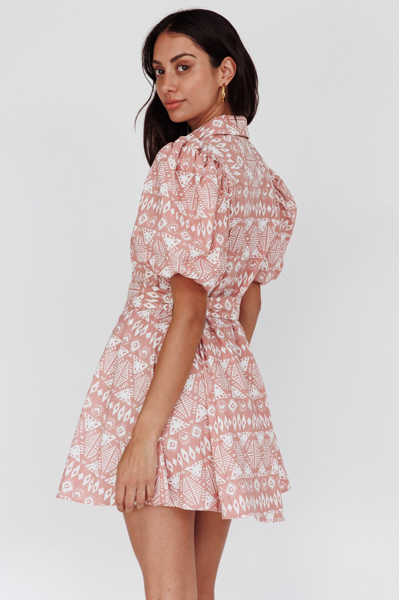 Nanette Puff Sleeve Belted Mini Dress Print Rose-Maymioy