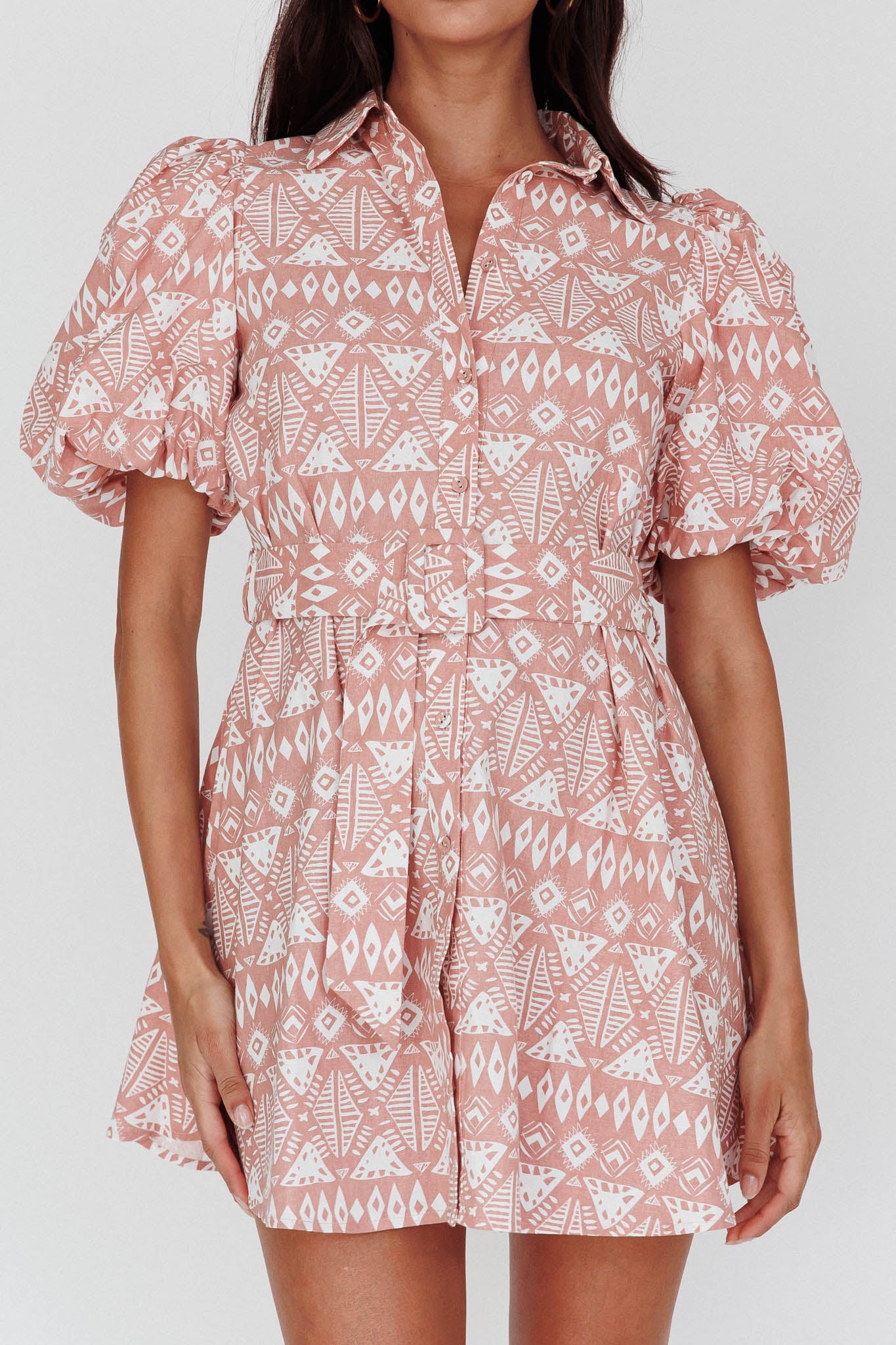 Nanette Puff Sleeve Belted Mini Dress Print Rose-Maymioy