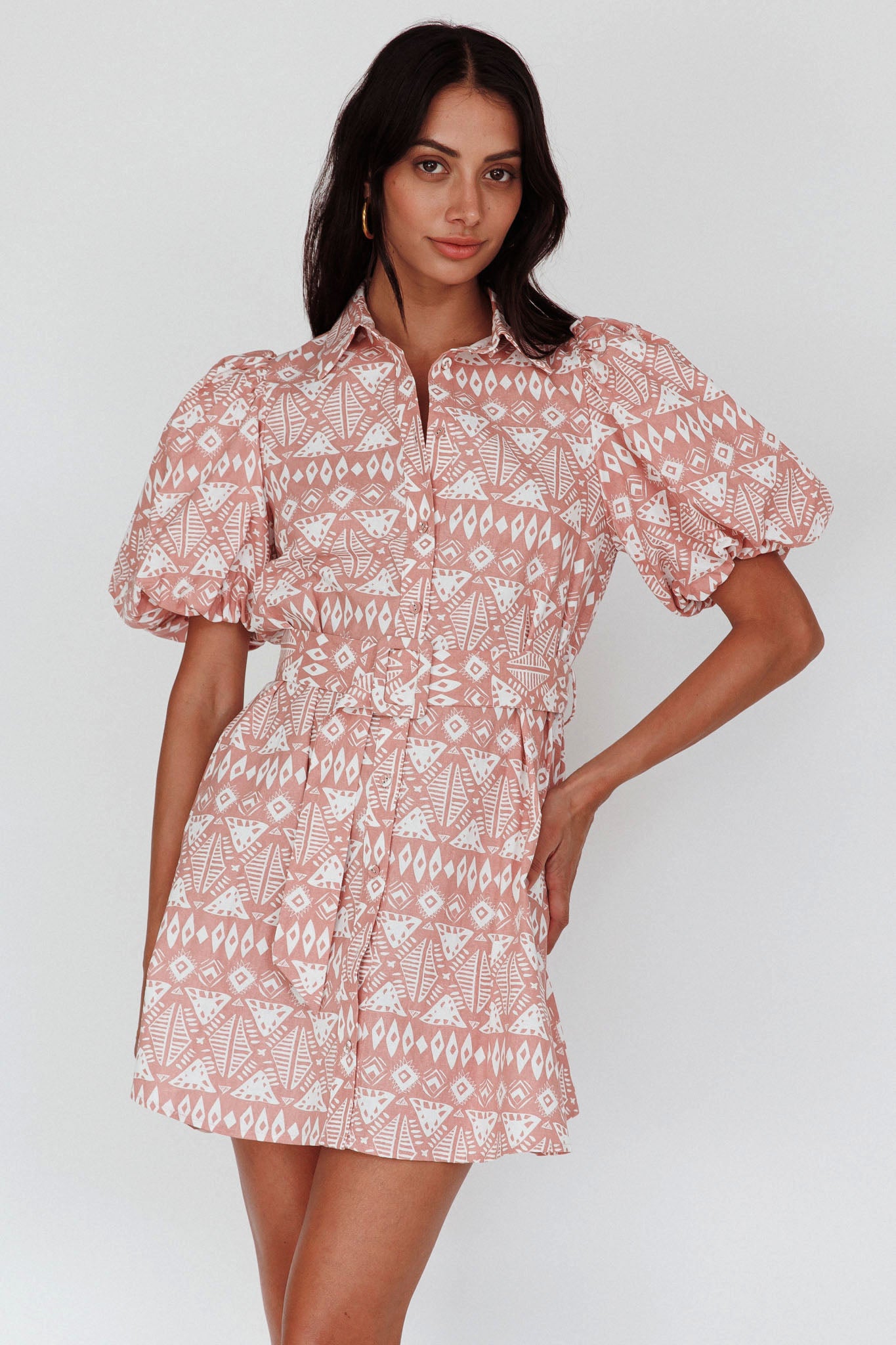 Nanette Puff Sleeve Belted Mini Dress Print Rose-Maymioy