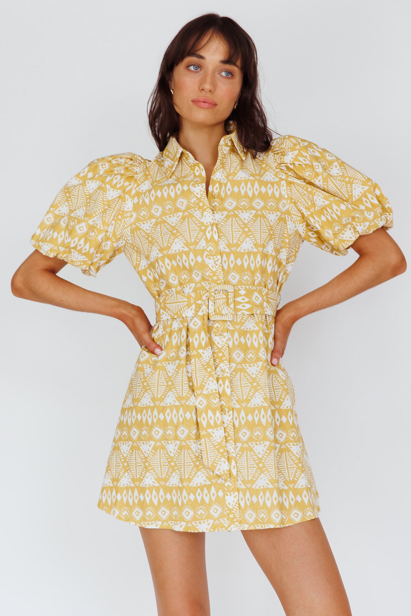 Nanette Puff Sleeve Belted Mini Dress Print Yellow-Maymioy