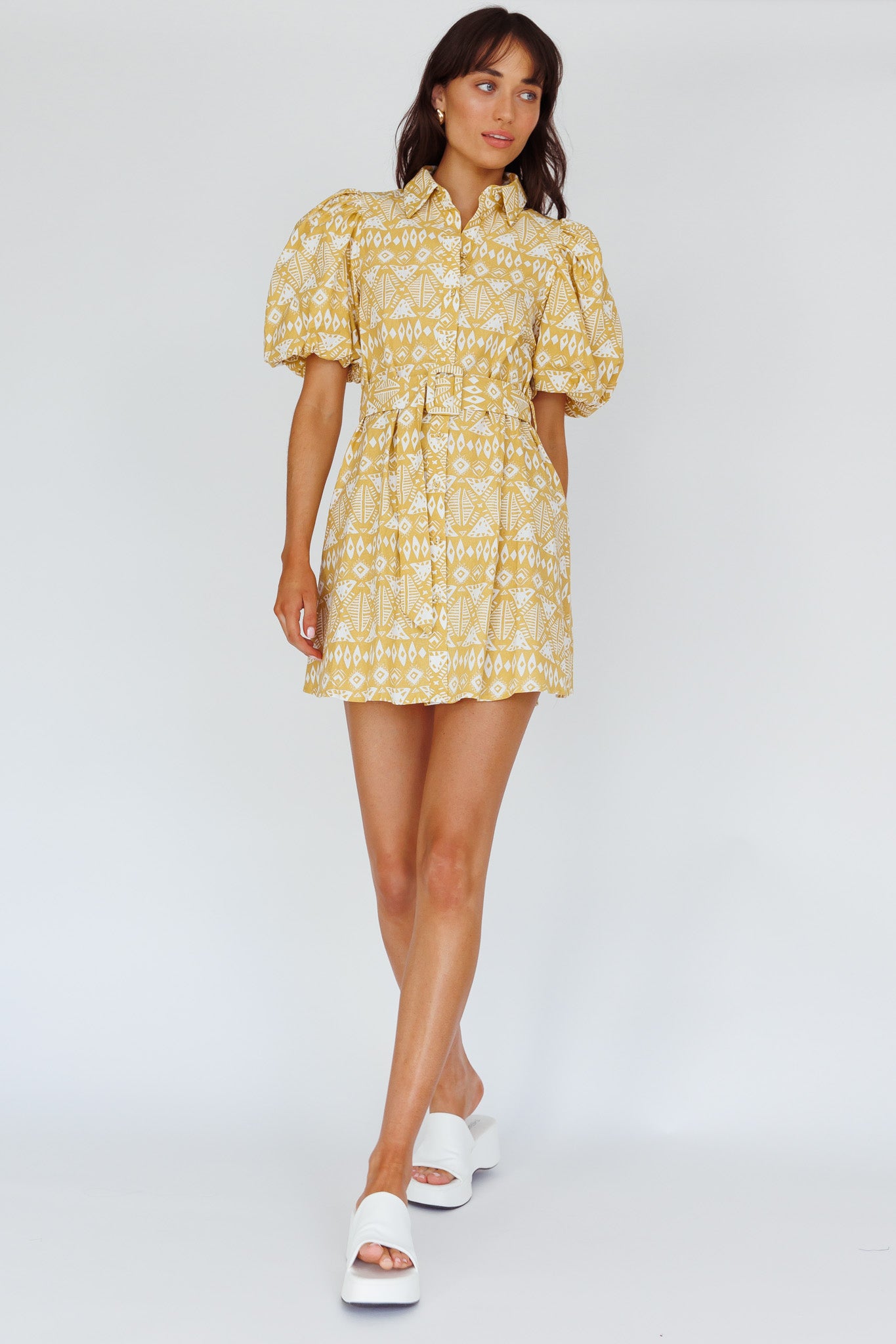 Nanette Puff Sleeve Belted Mini Dress Print Yellow-Maymioy