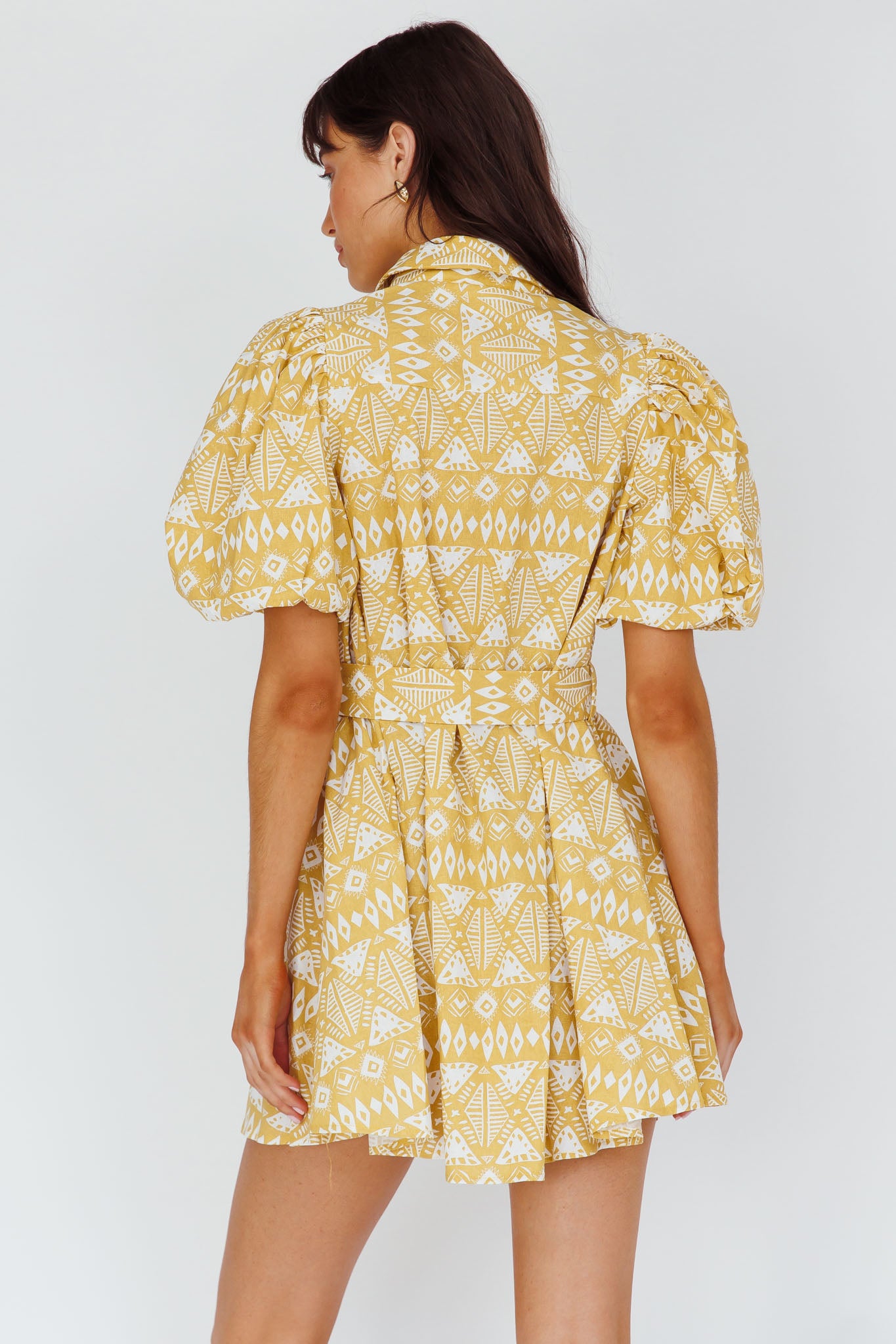 Nanette Puff Sleeve Belted Mini Dress Print Yellow-Maymioy