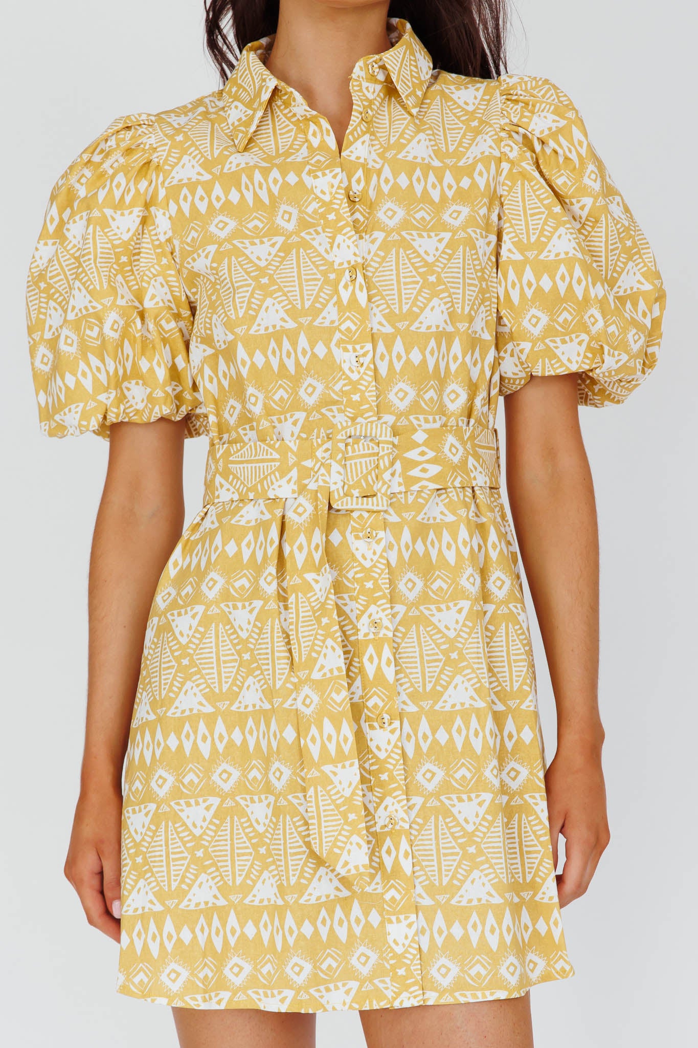 Nanette Puff Sleeve Belted Mini Dress Print Yellow-Maymioy