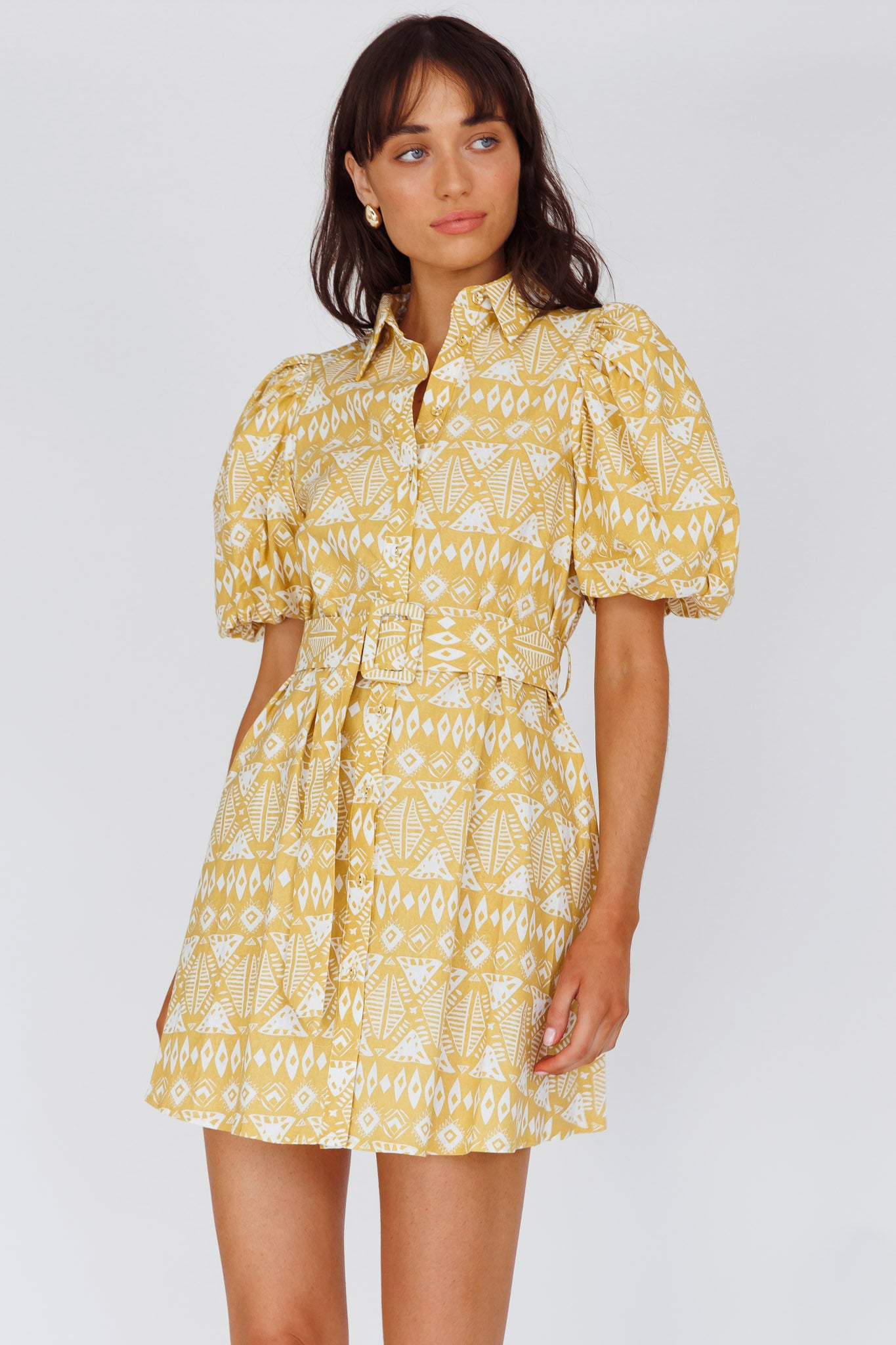 Nanette Puff Sleeve Belted Mini Dress Print Yellow-Maymioy