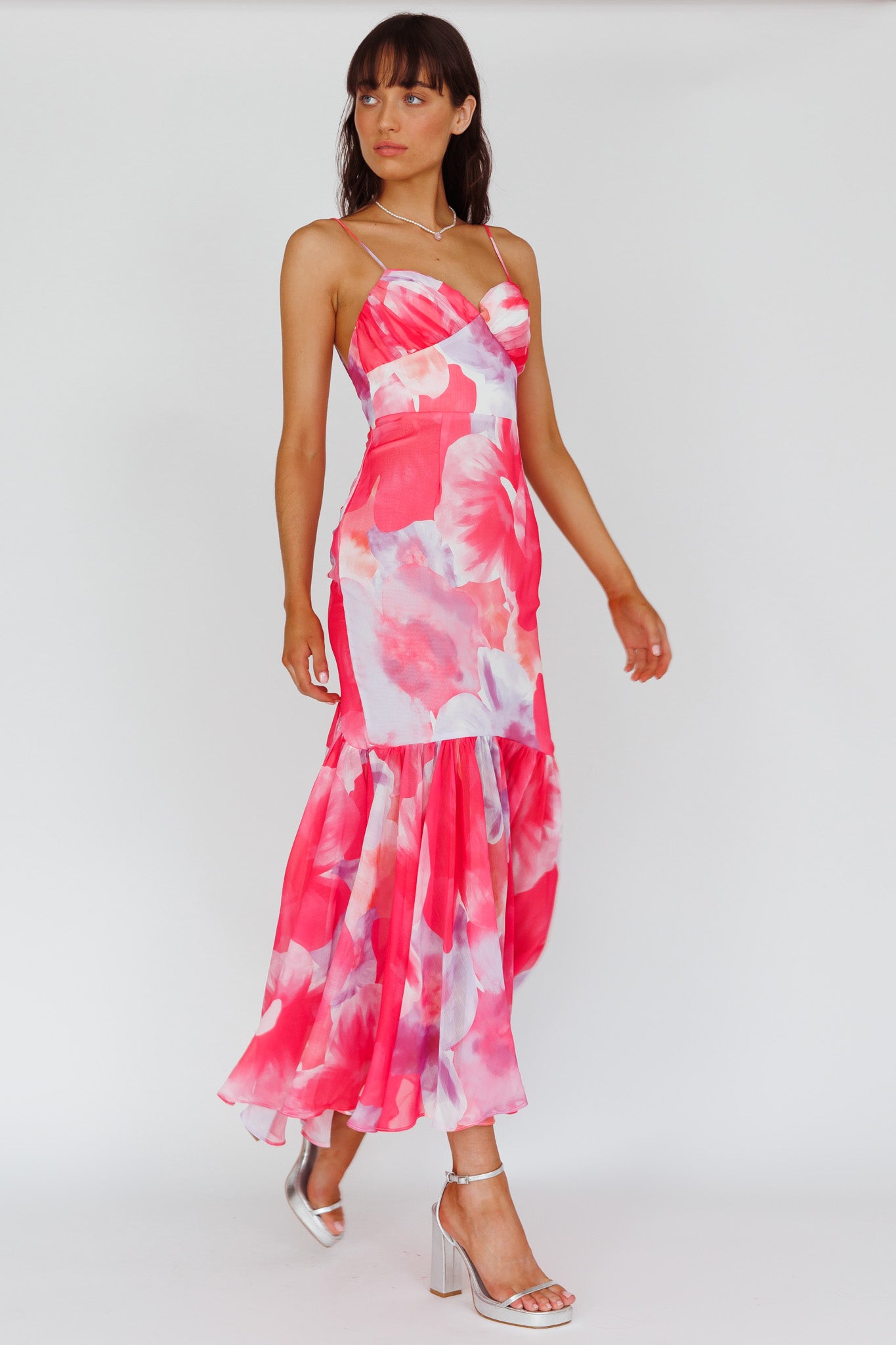 Sunni Low Back Midi Dress Floral Pink-Maymioy