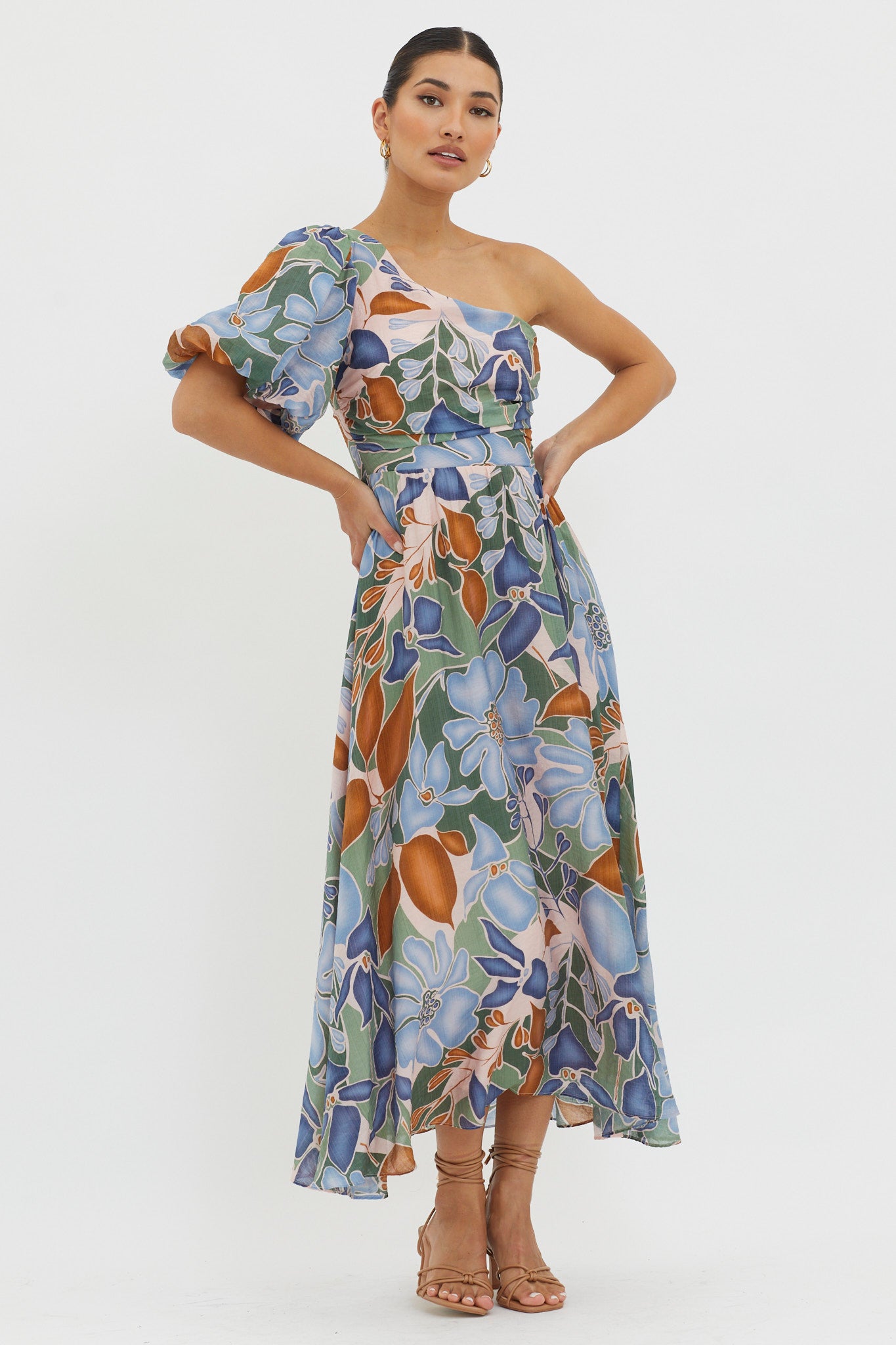 Jayni Puffed One Shoulder Midi Dress Blue-Maymioy