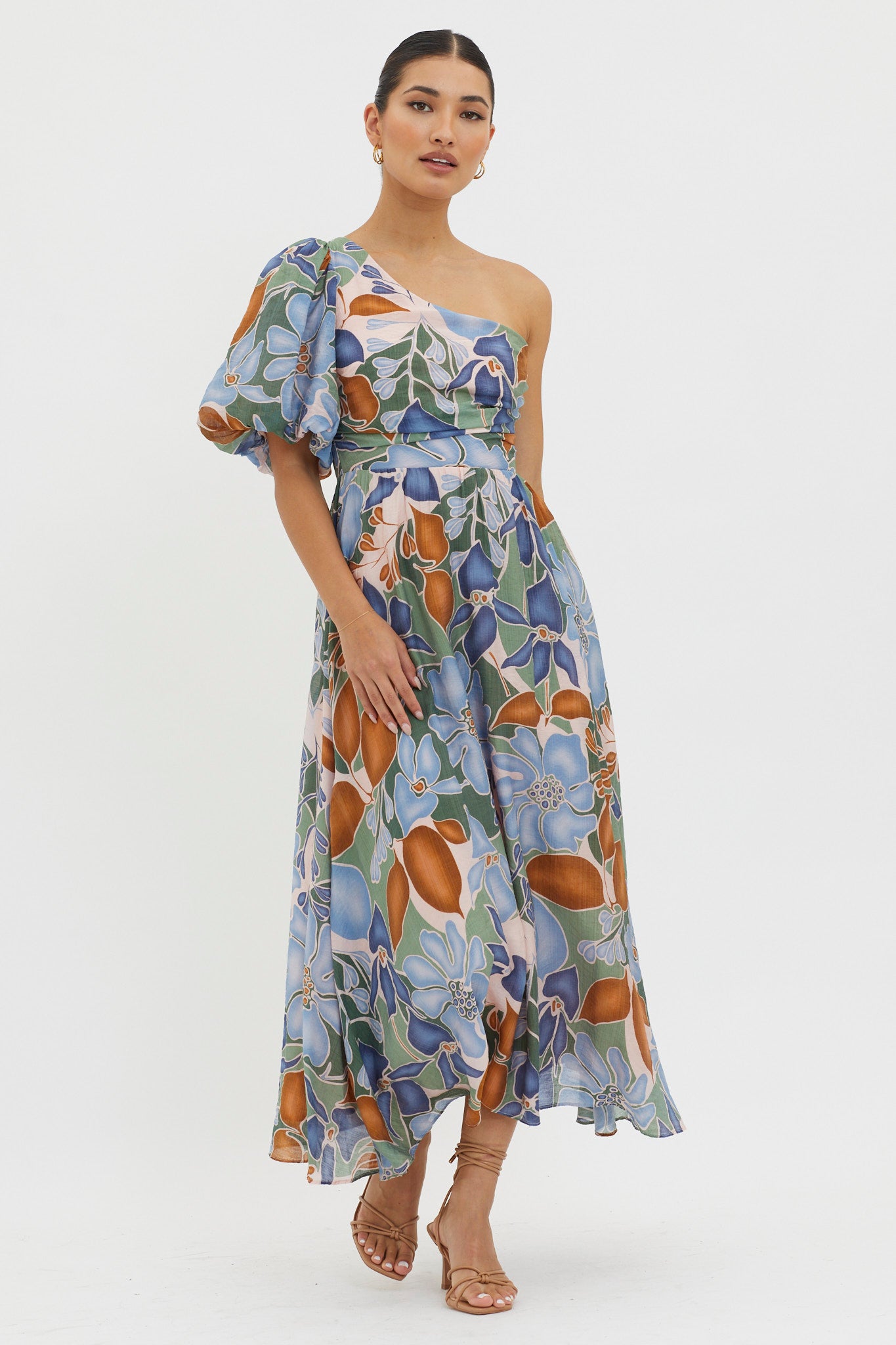 Jayni Puffed One Shoulder Midi Dress Blue-Maymioy