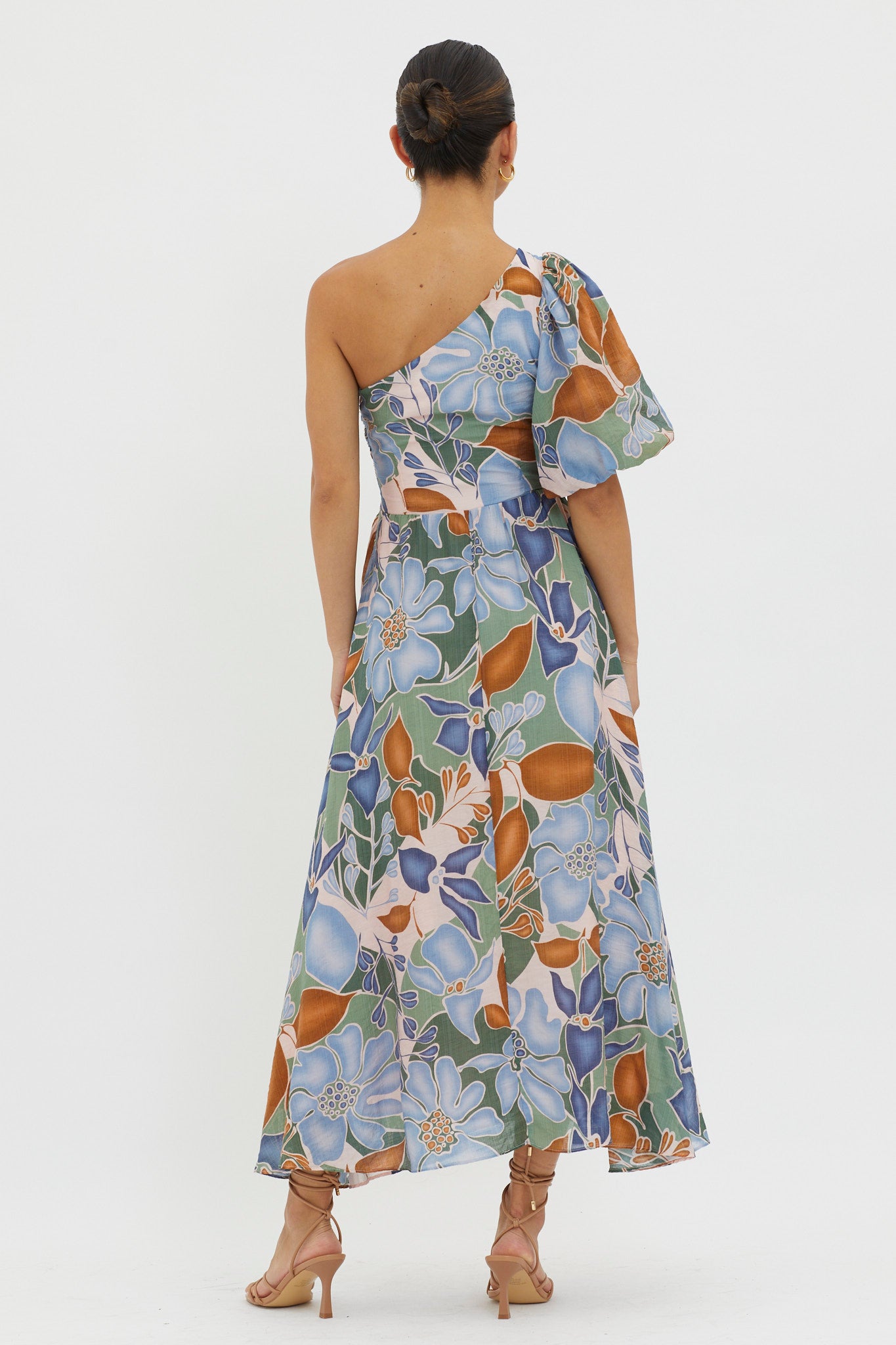 Jayni Puffed One Shoulder Midi Dress Blue-Maymioy