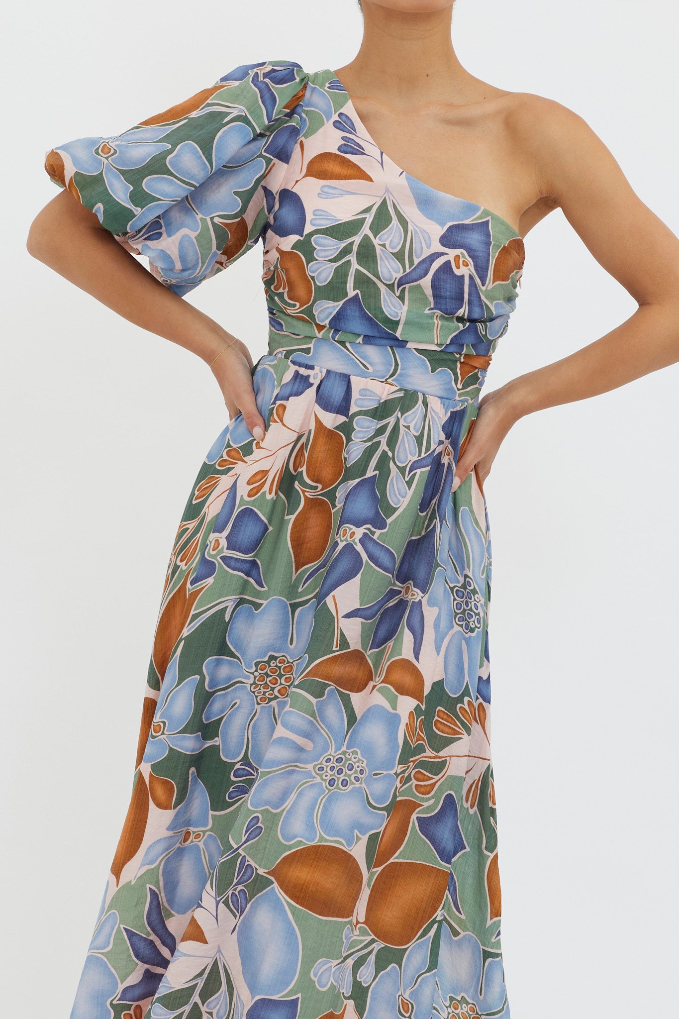 Jayni Puffed One Shoulder Midi Dress Blue-Maymioy