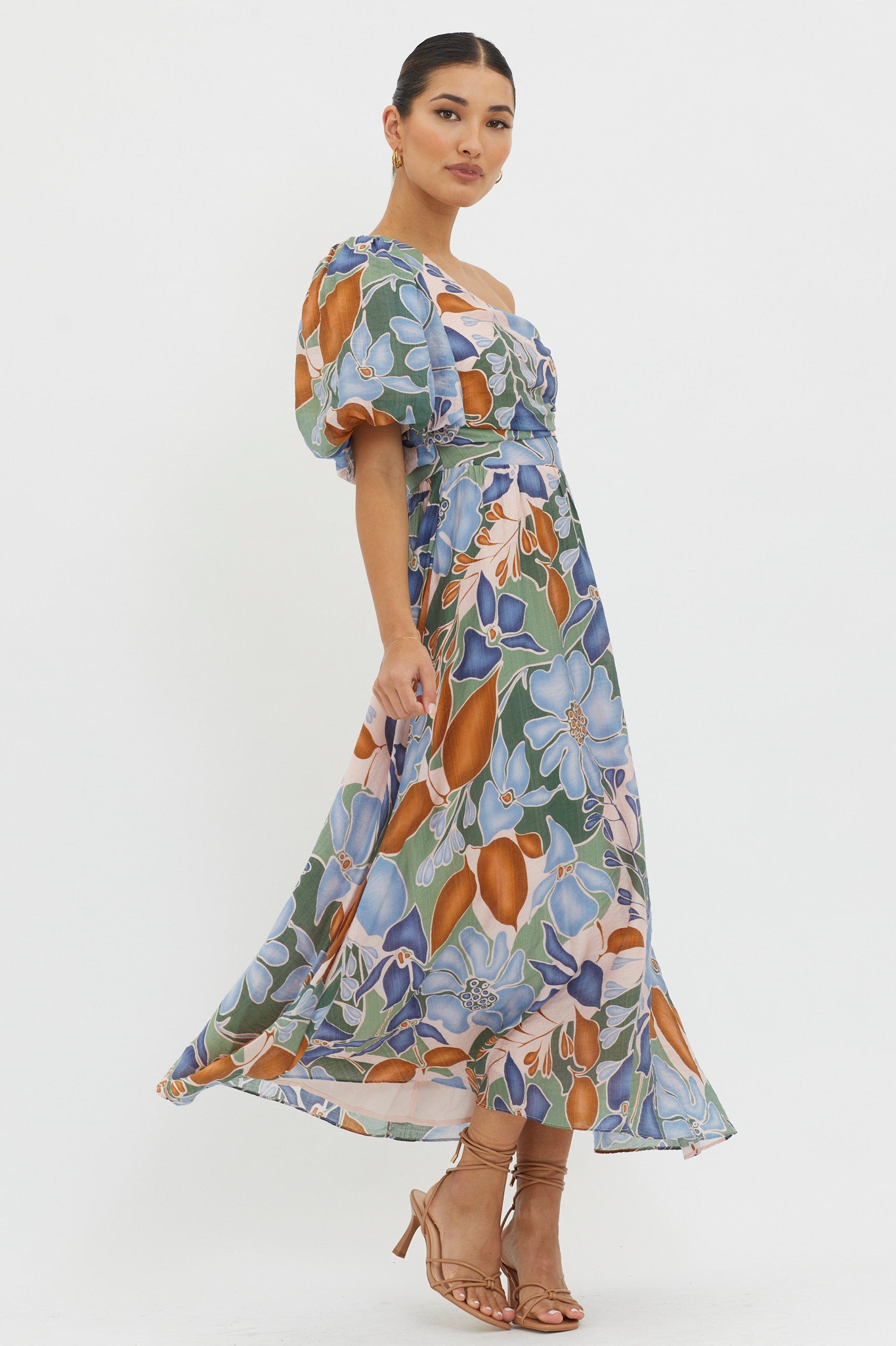 Jayni Puffed One Shoulder Midi Dress Blue-Maymioy