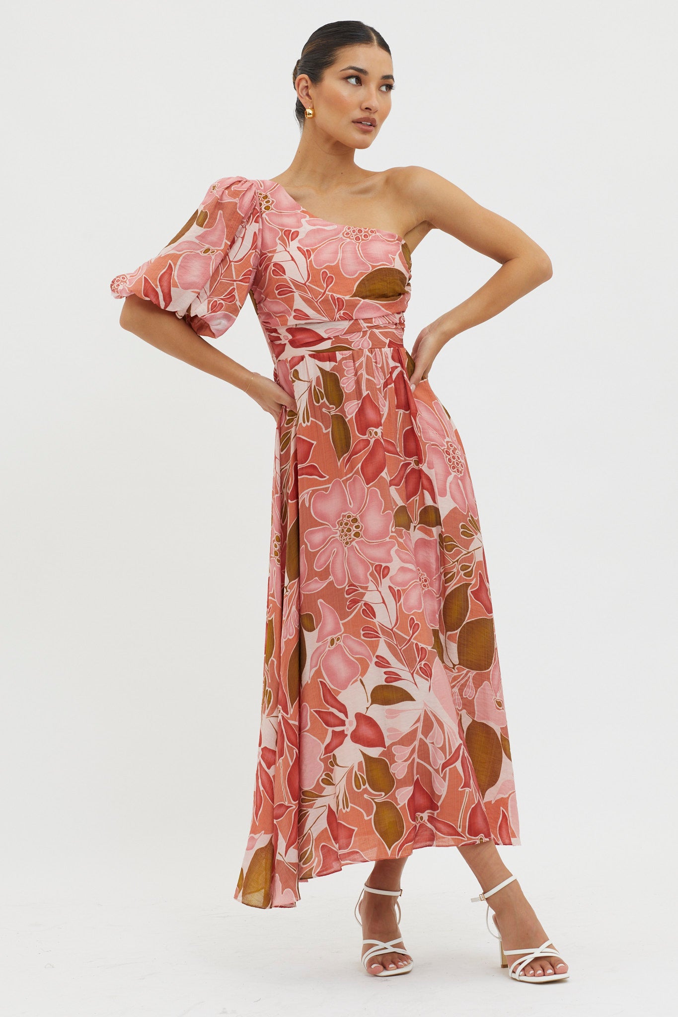 Jayni Puffed One Shoulder Midi Dress Red-Maymioy