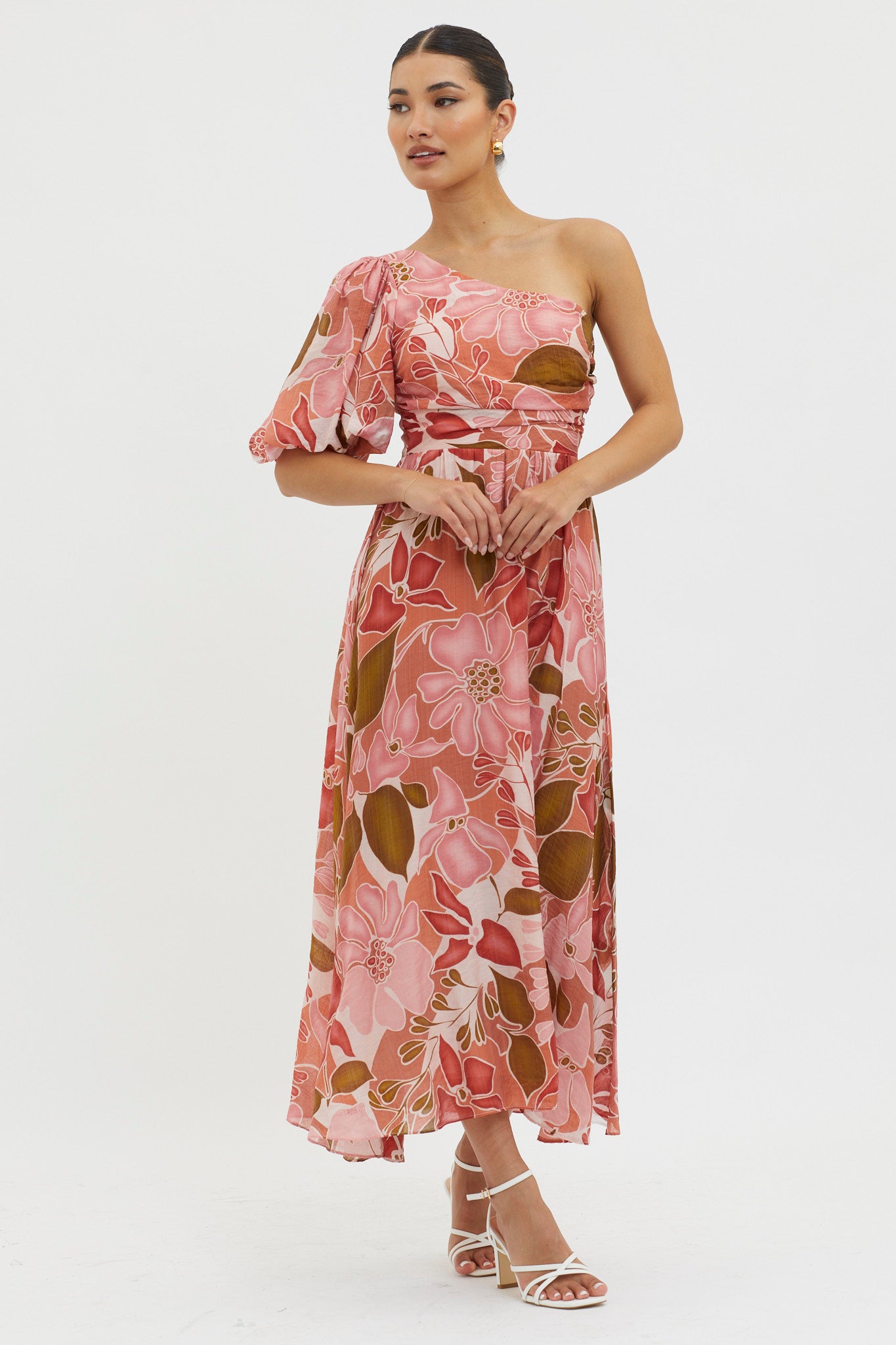 Jayni Puffed One Shoulder Midi Dress Red-Maymioy
