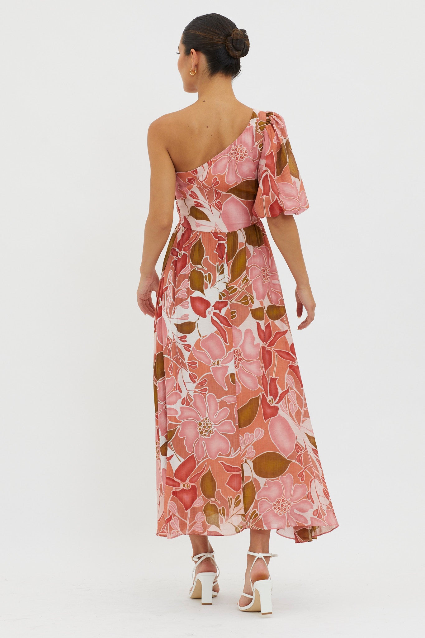 Jayni Puffed One Shoulder Midi Dress Red-Maymioy