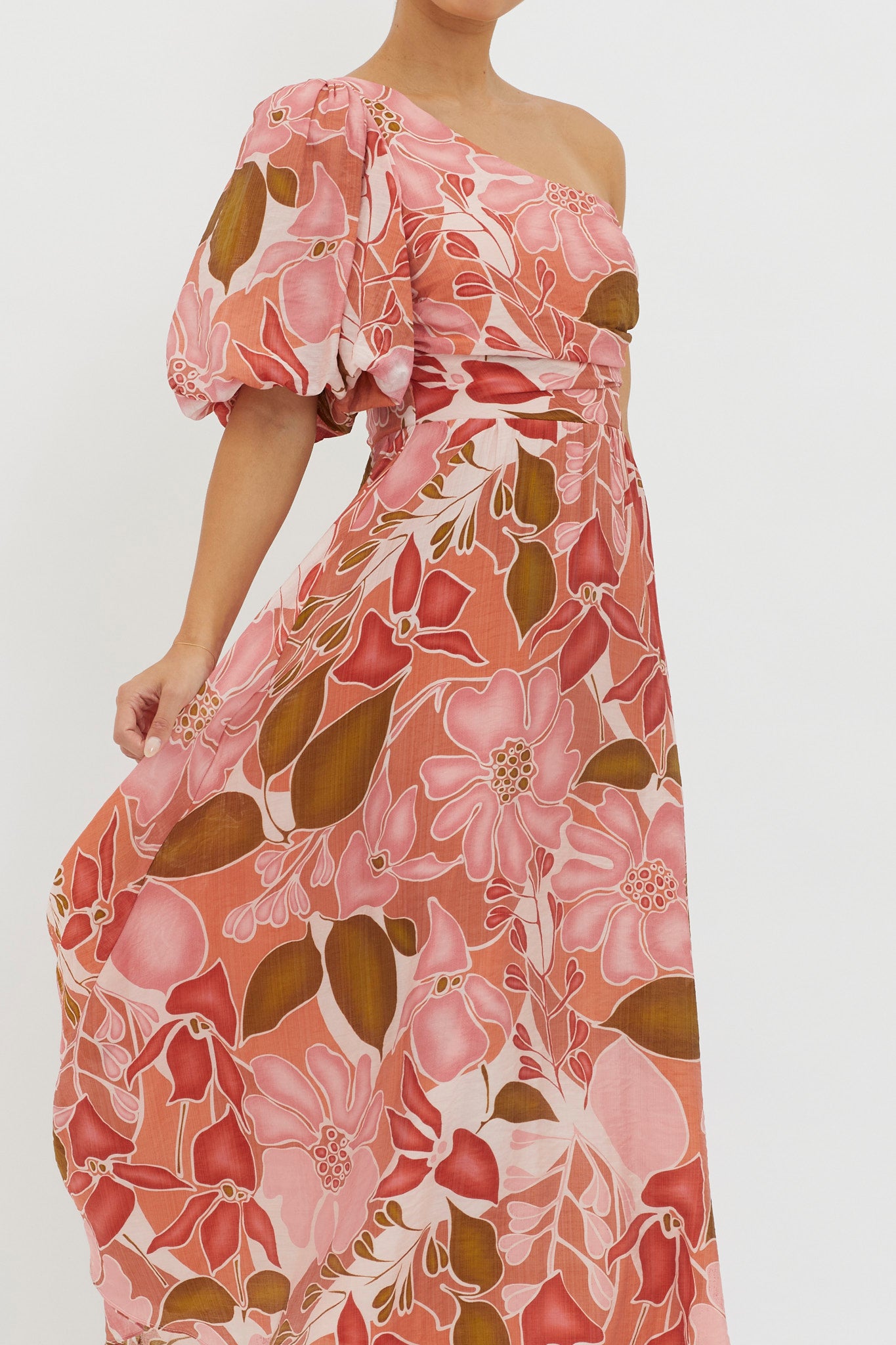 Jayni Puffed One Shoulder Midi Dress Red-Maymioy