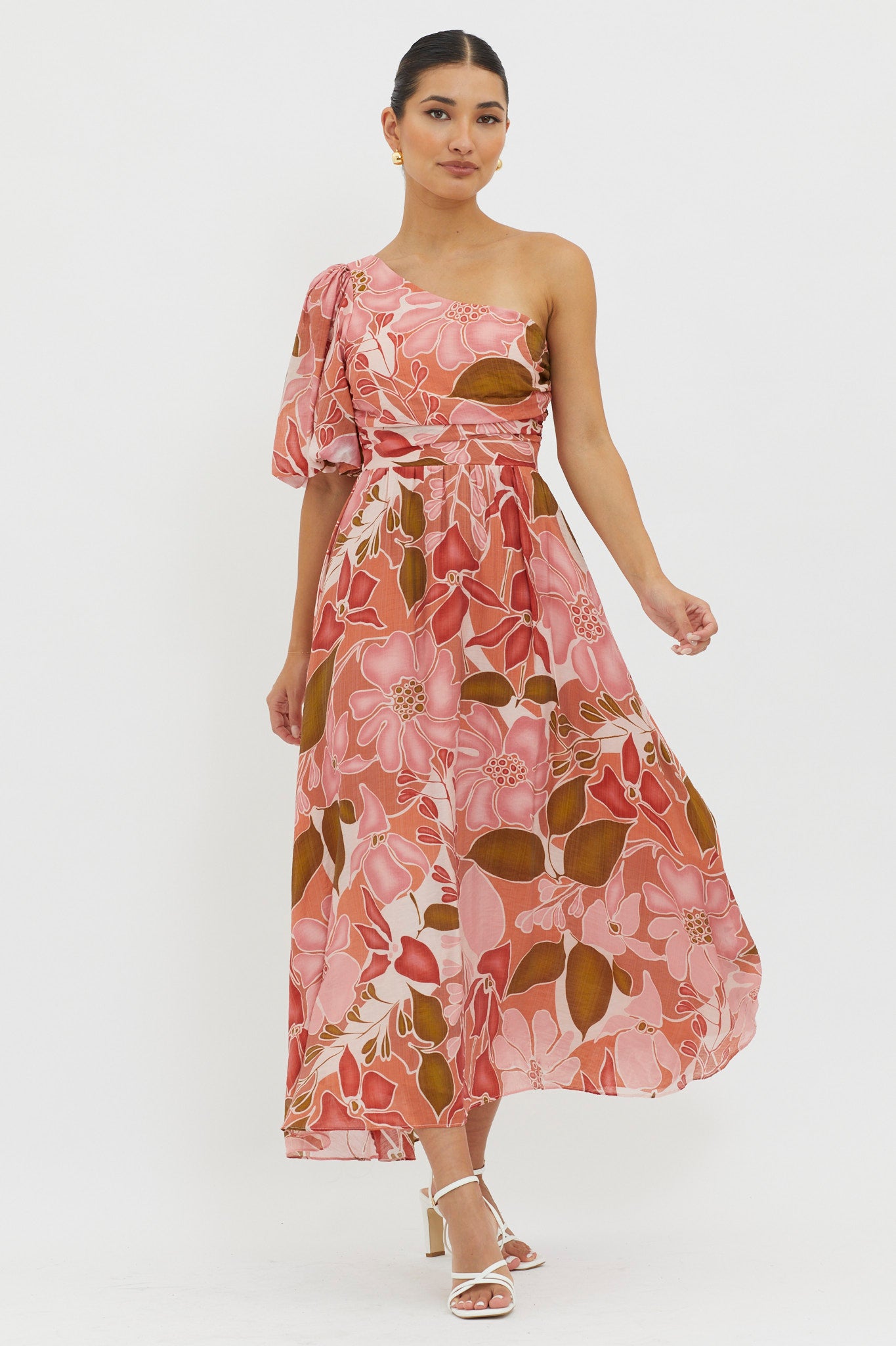 Jayni Puffed One Shoulder Midi Dress Red-Maymioy