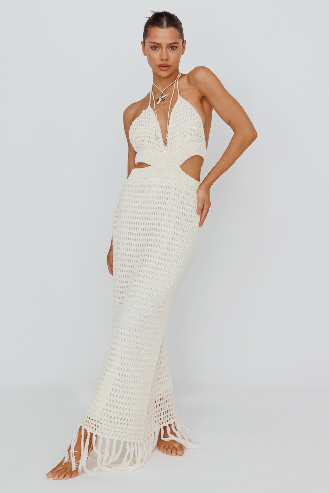 Lelei Crochet Open Back Maxi Dress Beige-Maymioy