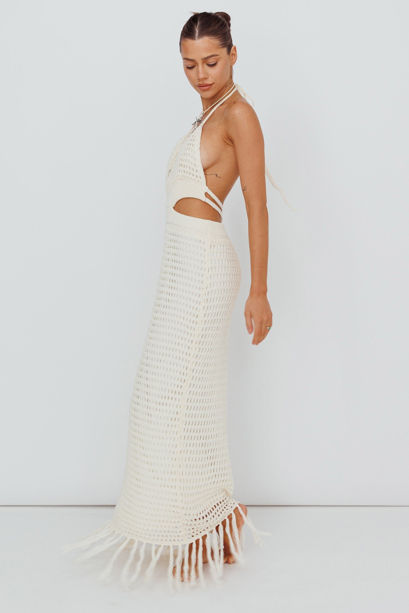 Lelei Crochet Open Back Maxi Dress Beige-Maymioy