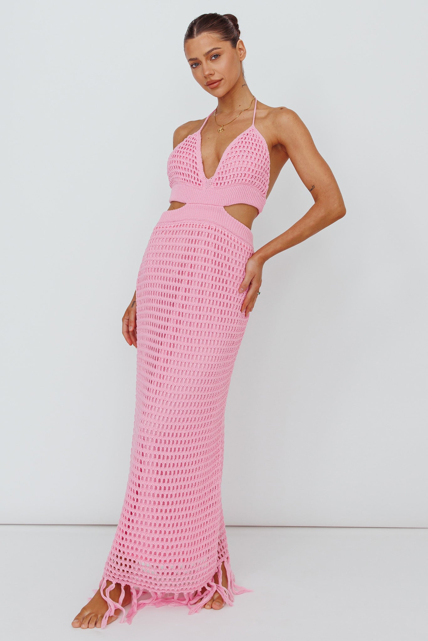 Lelei Crochet Open Back Maxi Dress Pink-Maymioy