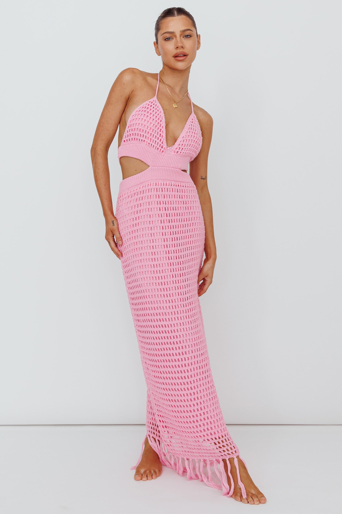Lelei Crochet Open Back Maxi Dress Pink-Maymioy