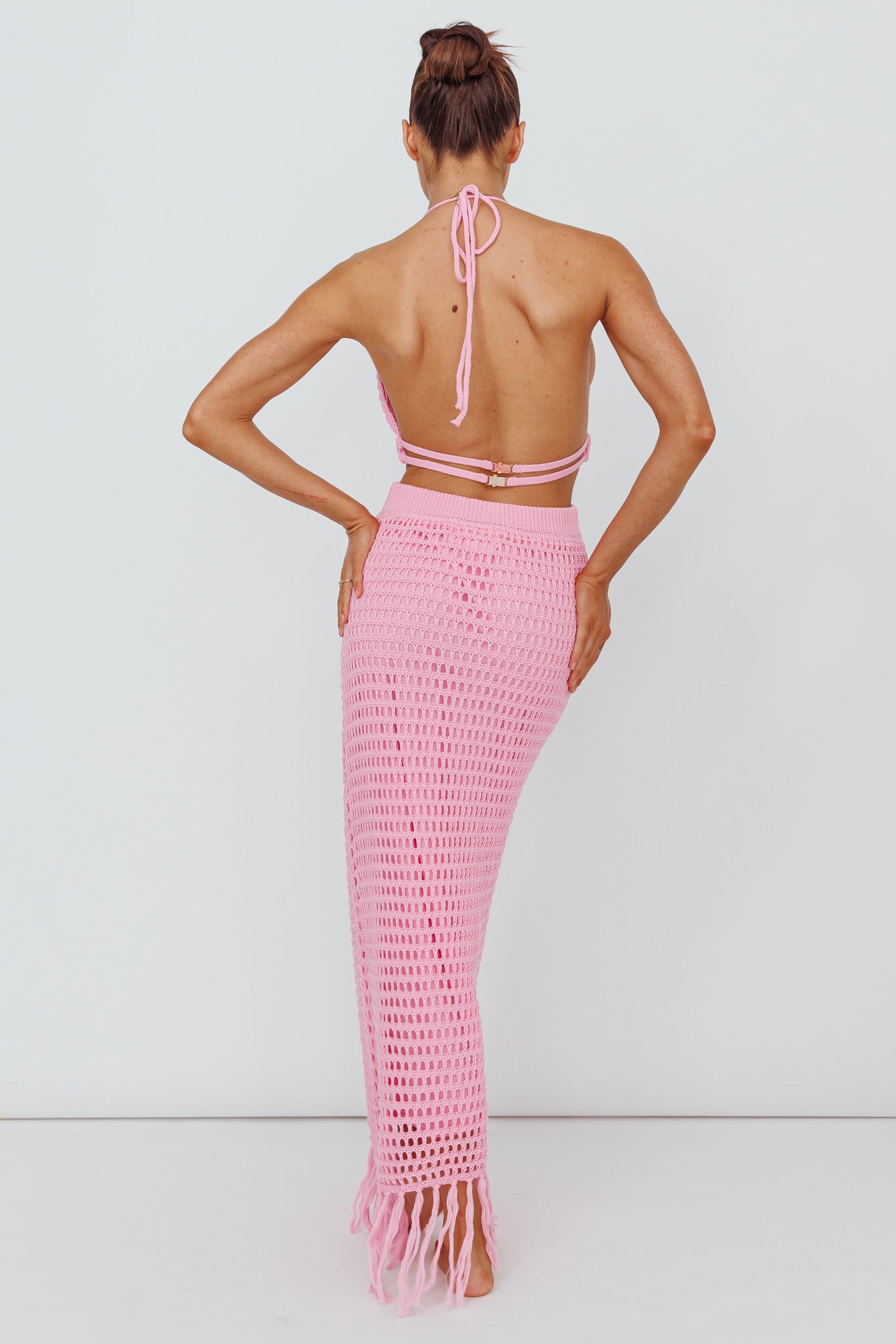 Lelei Crochet Open Back Maxi Dress Pink-Maymioy