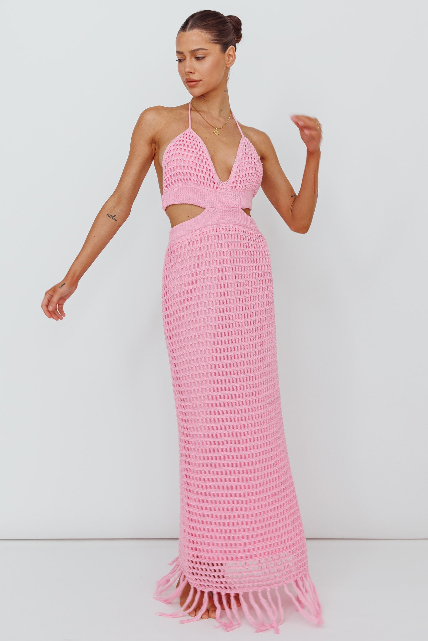 Lelei Crochet Open Back Maxi Dress Pink-Maymioy