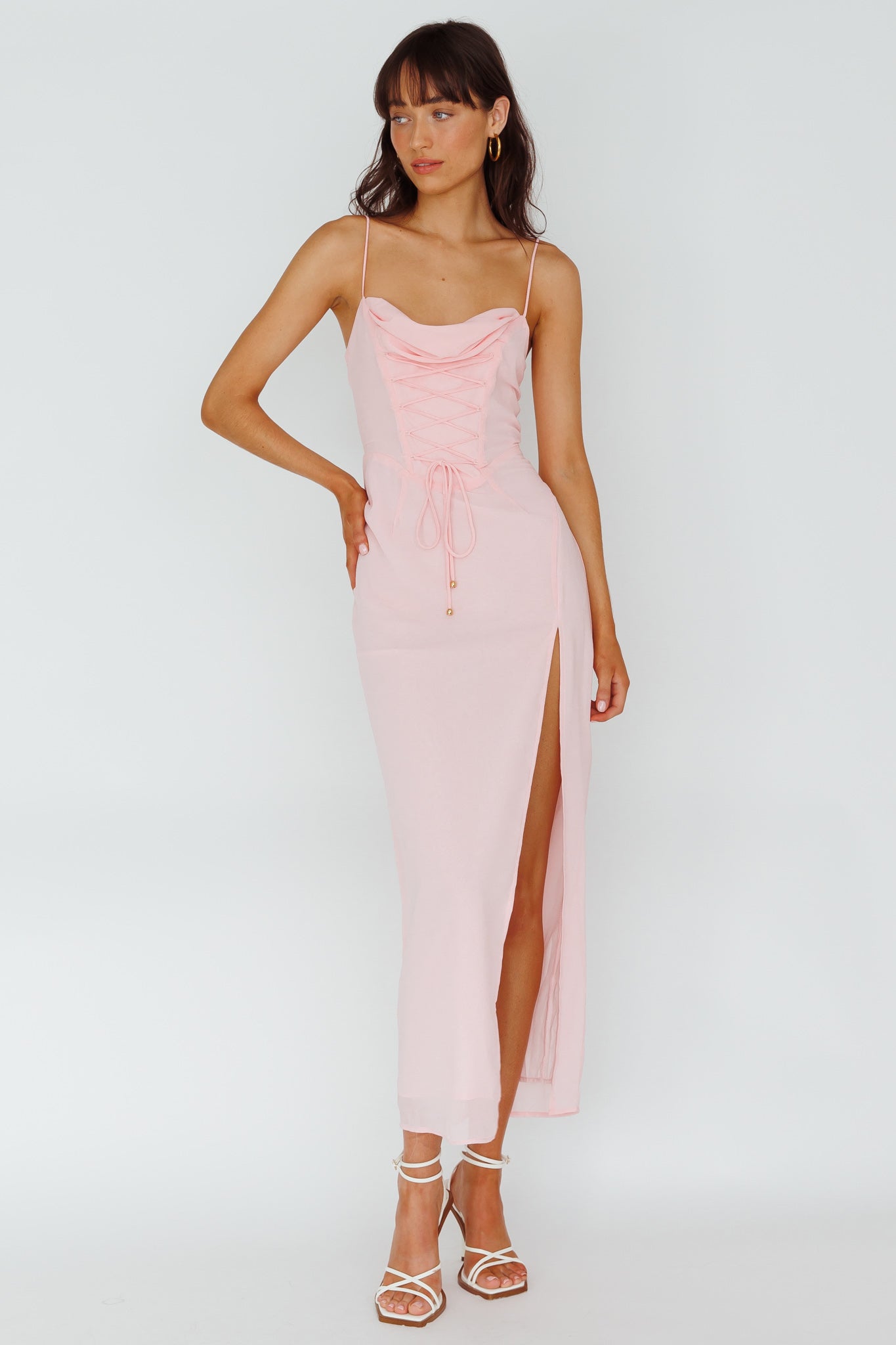 Ryanna Laced Bodice Split Midi Dress Pink-Maymioy