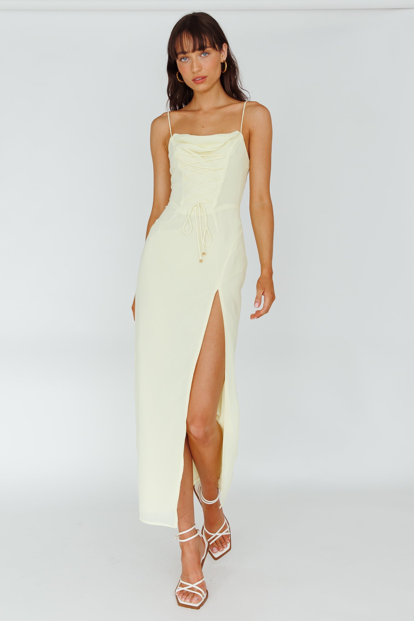 Ryanna Laced Bodice Split Midi Dress Yellow-Maymioy