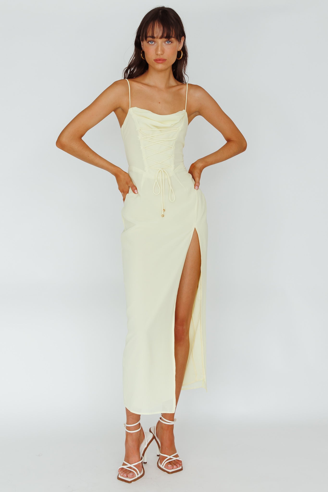 Ryanna Laced Bodice Split Midi Dress Yellow-Maymioy