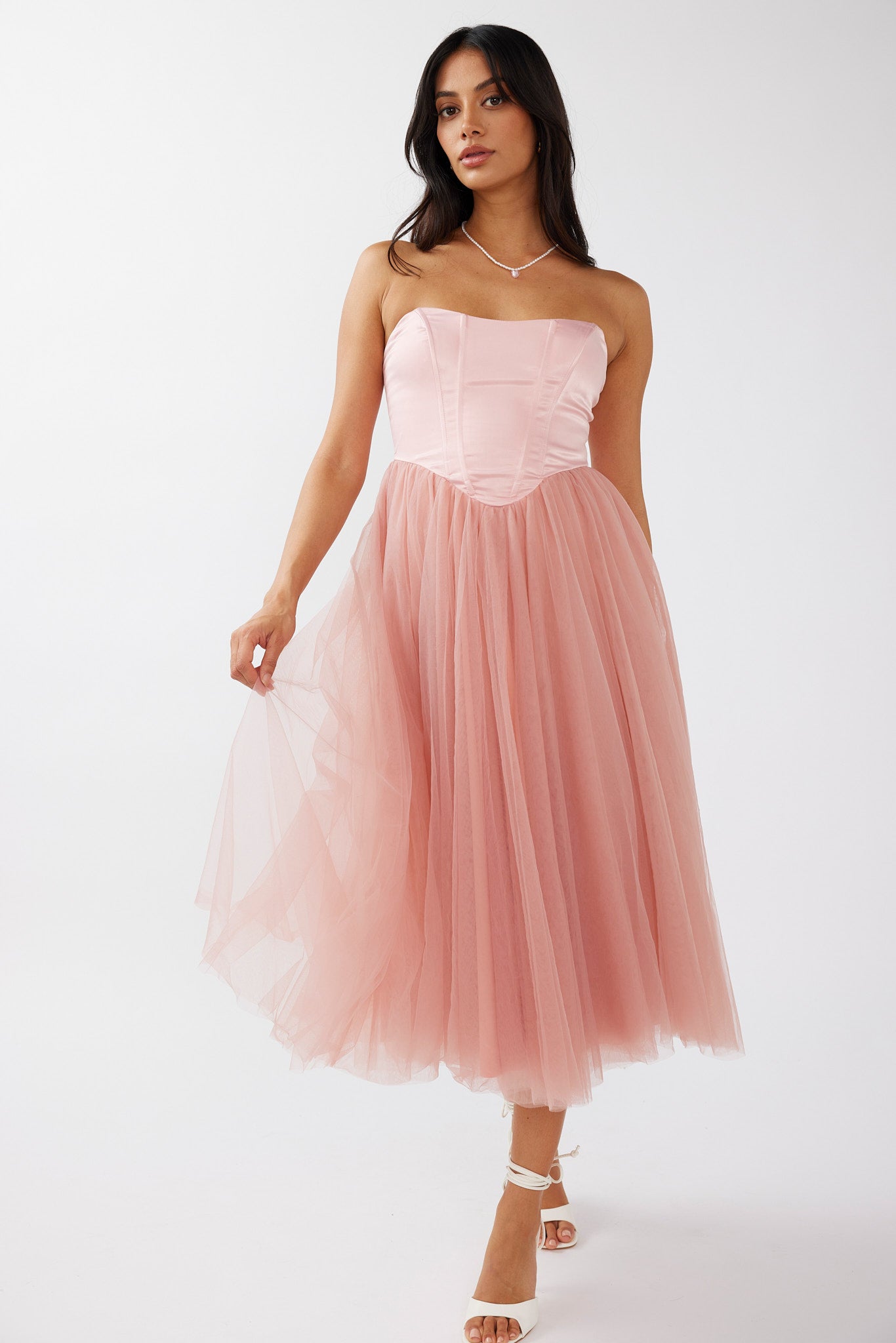 Rosemary Tulle Bustier Midi Dress Pink-Maymioy