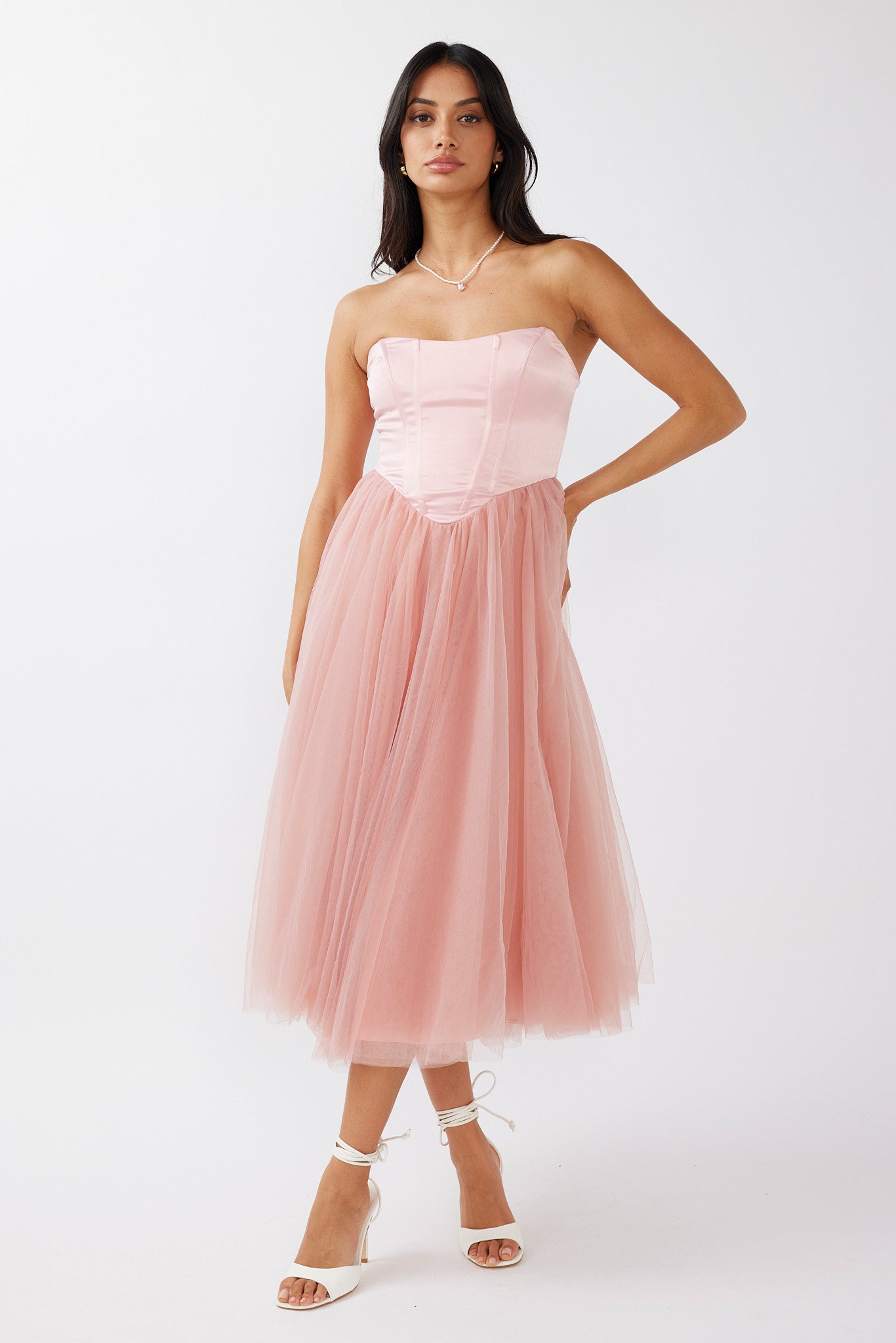 Rosemary Tulle Bustier Midi Dress Pink-Maymioy