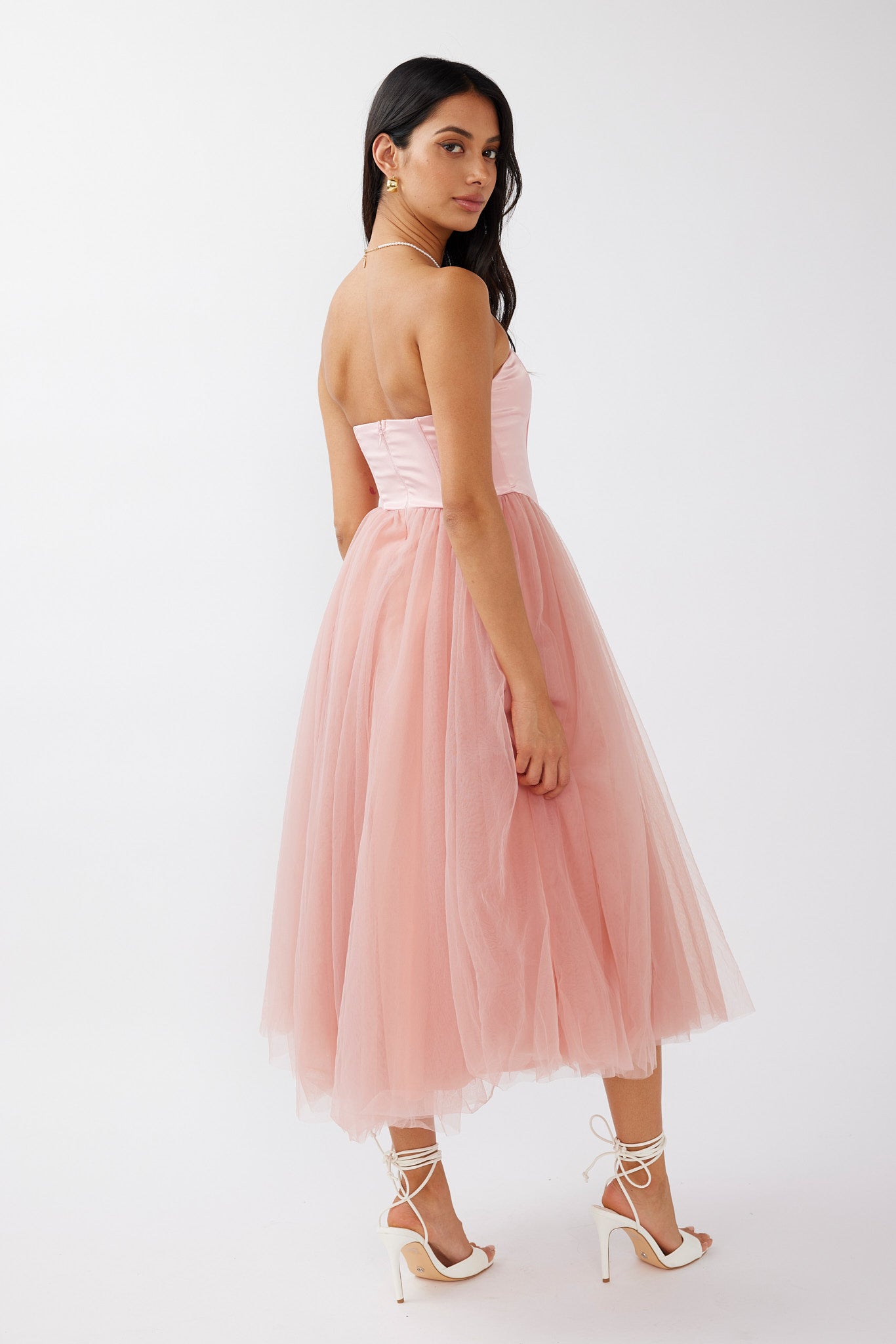 Rosemary Tulle Bustier Midi Dress Pink-Maymioy