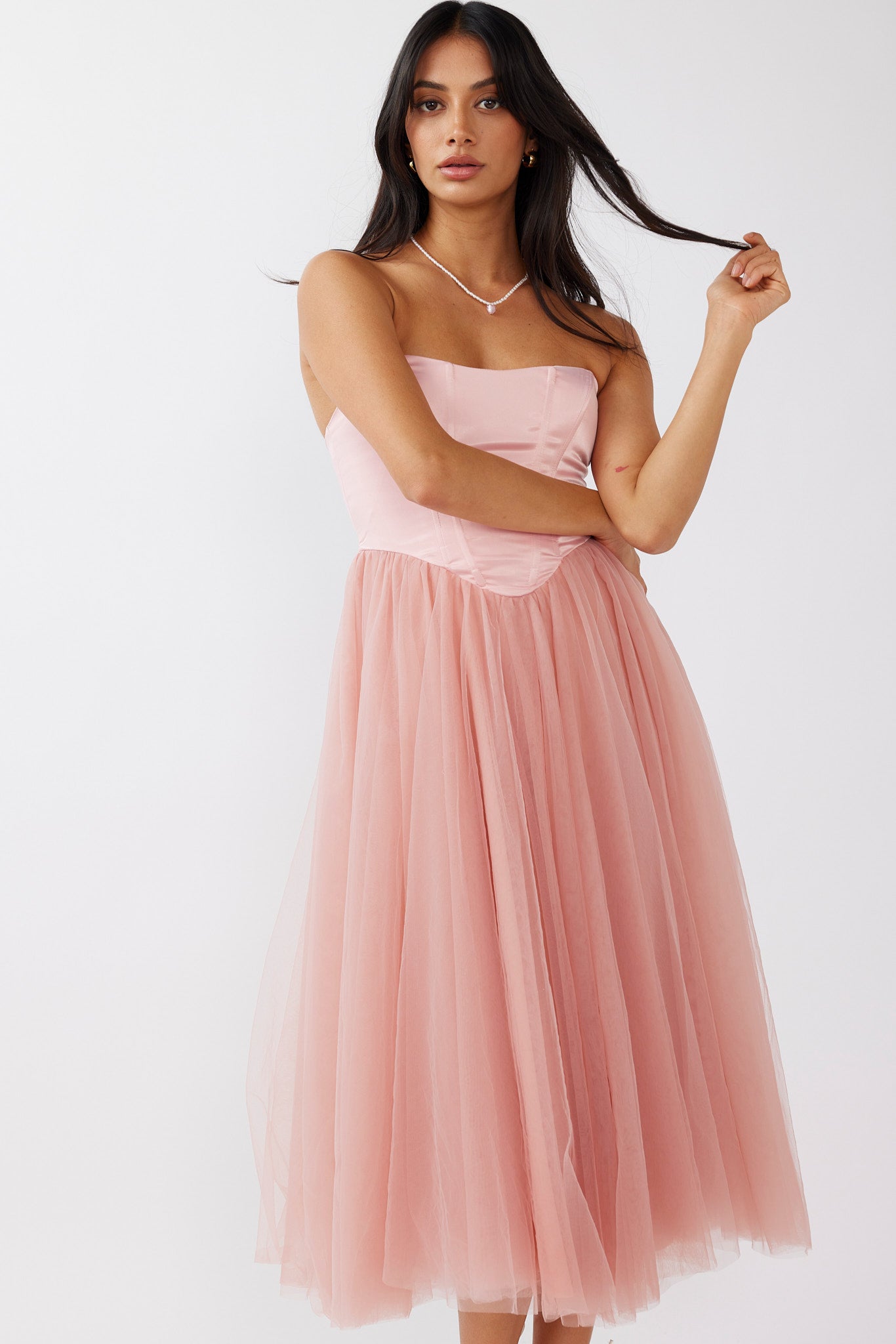 Rosemary Tulle Bustier Midi Dress Pink-Maymioy
