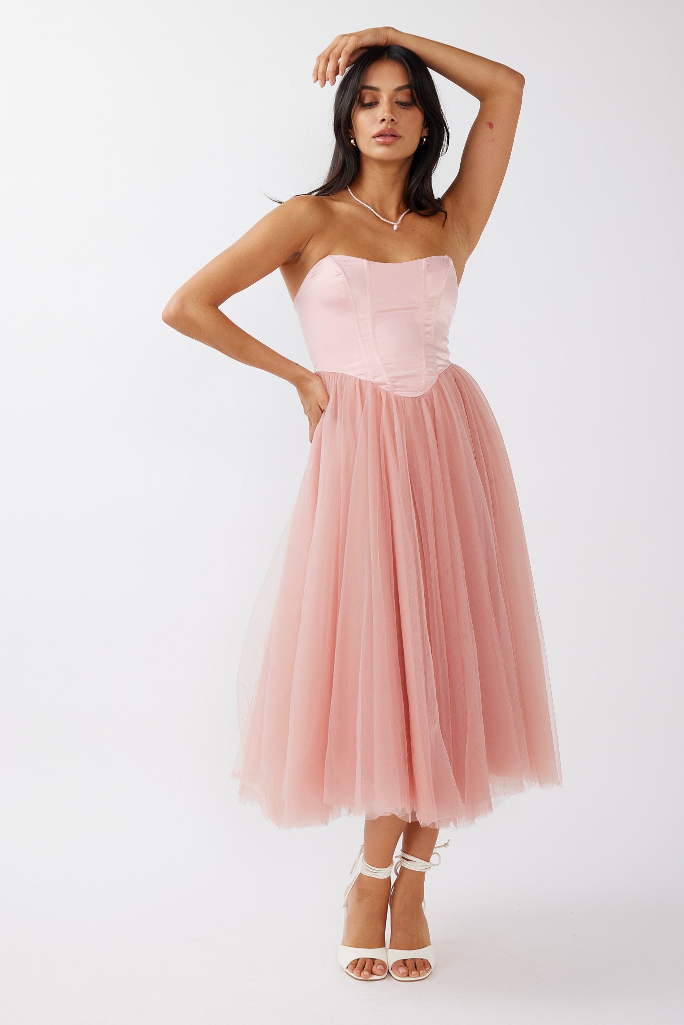 Rosemary Tulle Bustier Midi Dress Pink-Maymioy