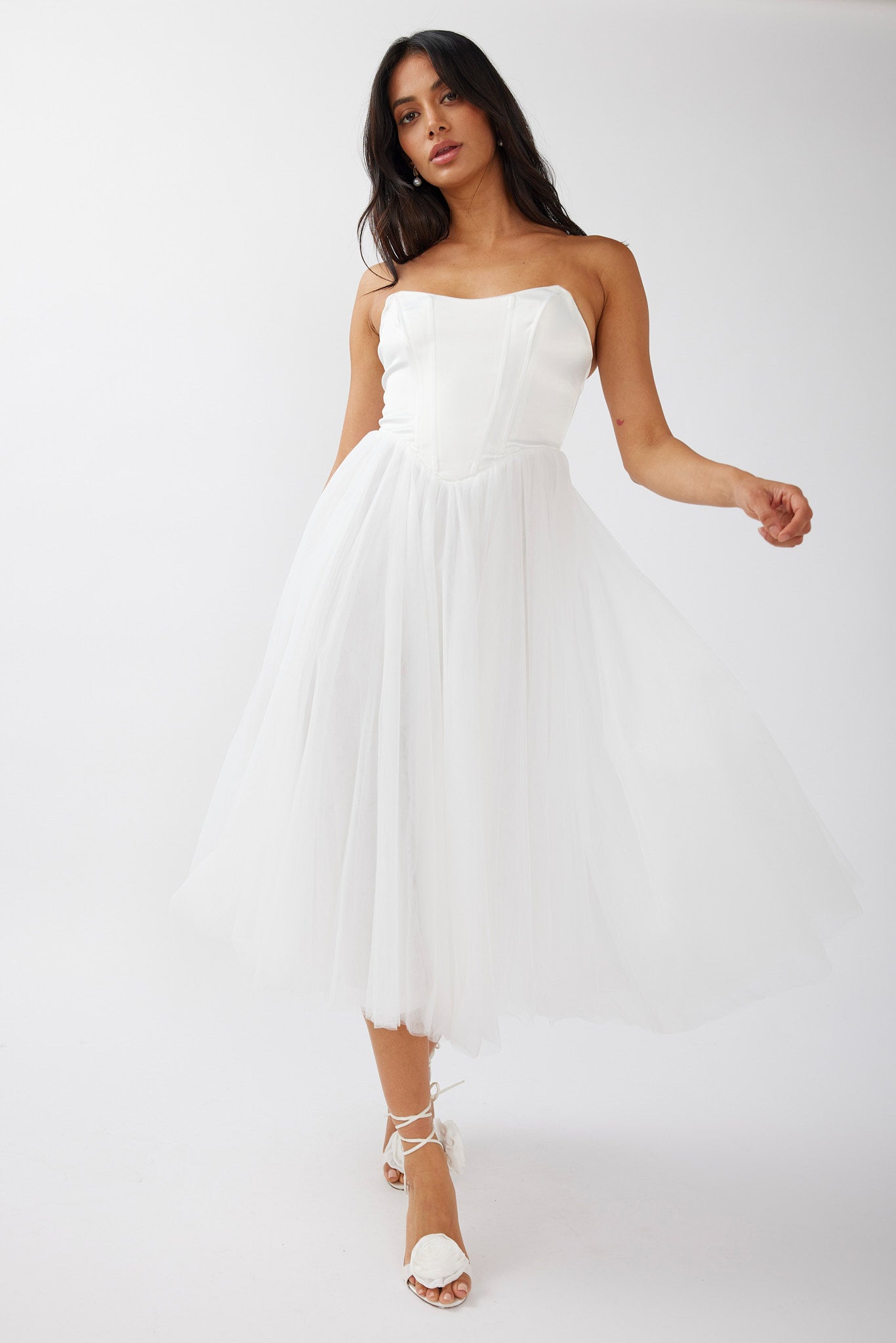 Rosemary Tulle Bustier Midi Dress White-Maymioy