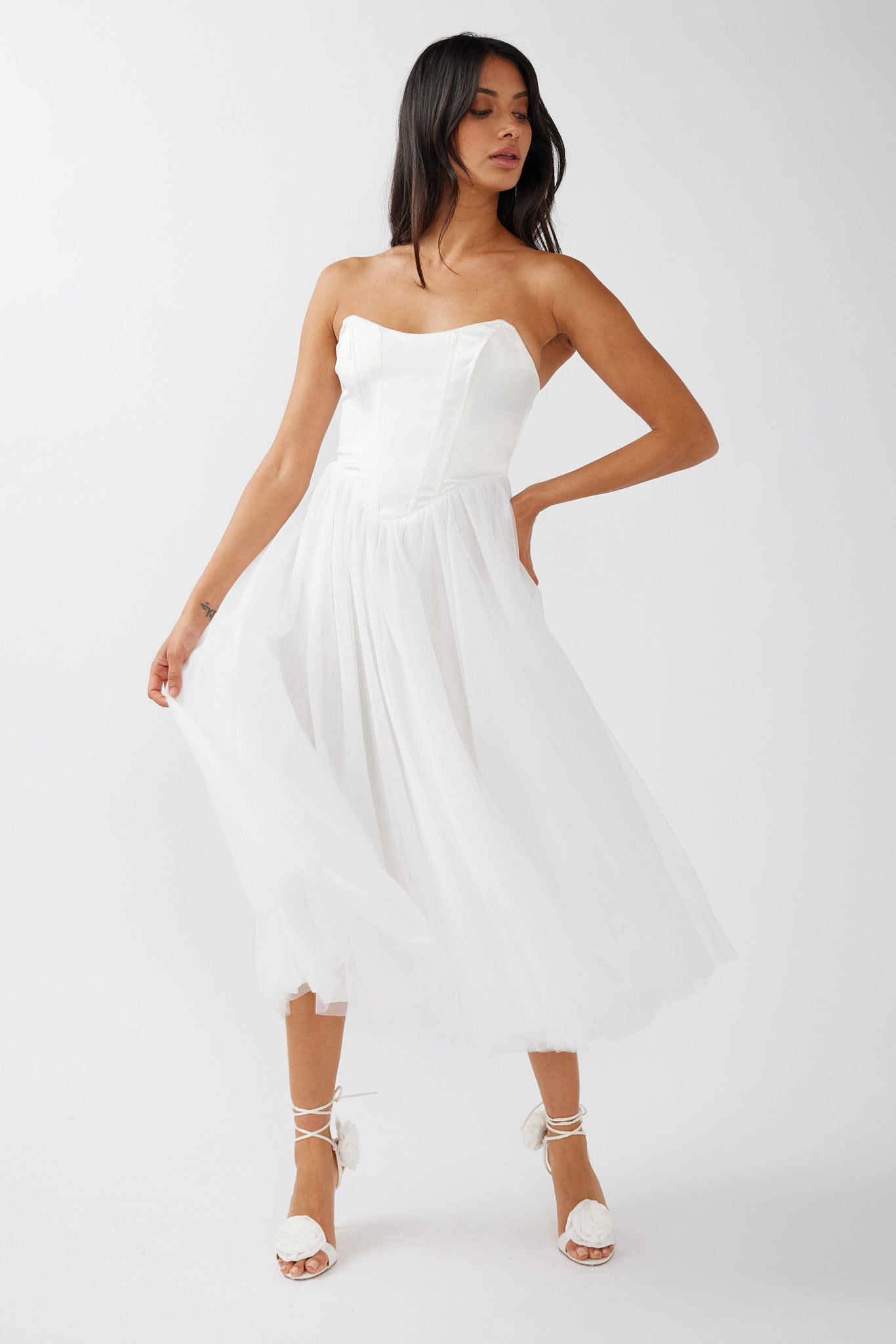 Rosemary Tulle Bustier Midi Dress White-Maymioy