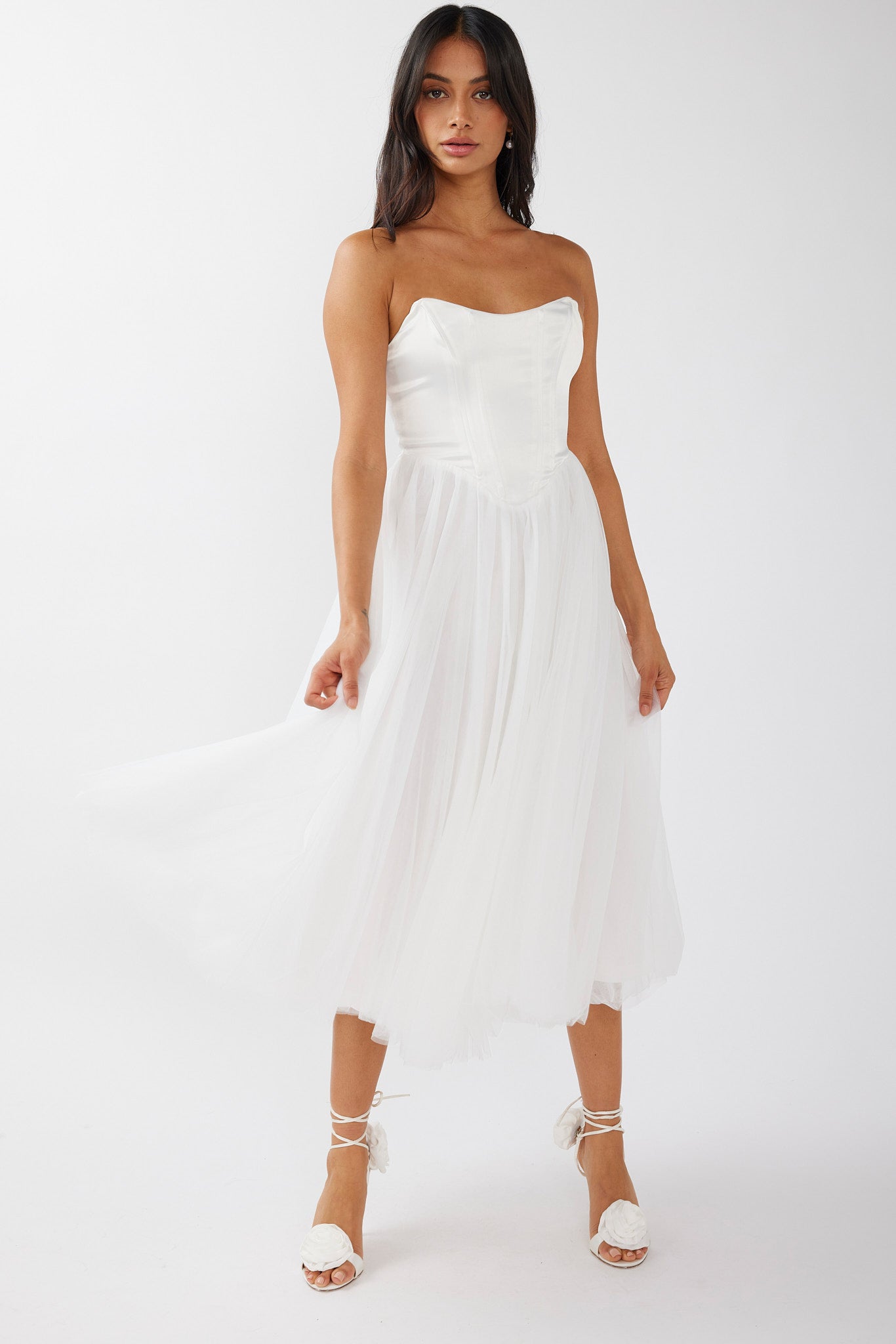 Rosemary Tulle Bustier Midi Dress White-Maymioy