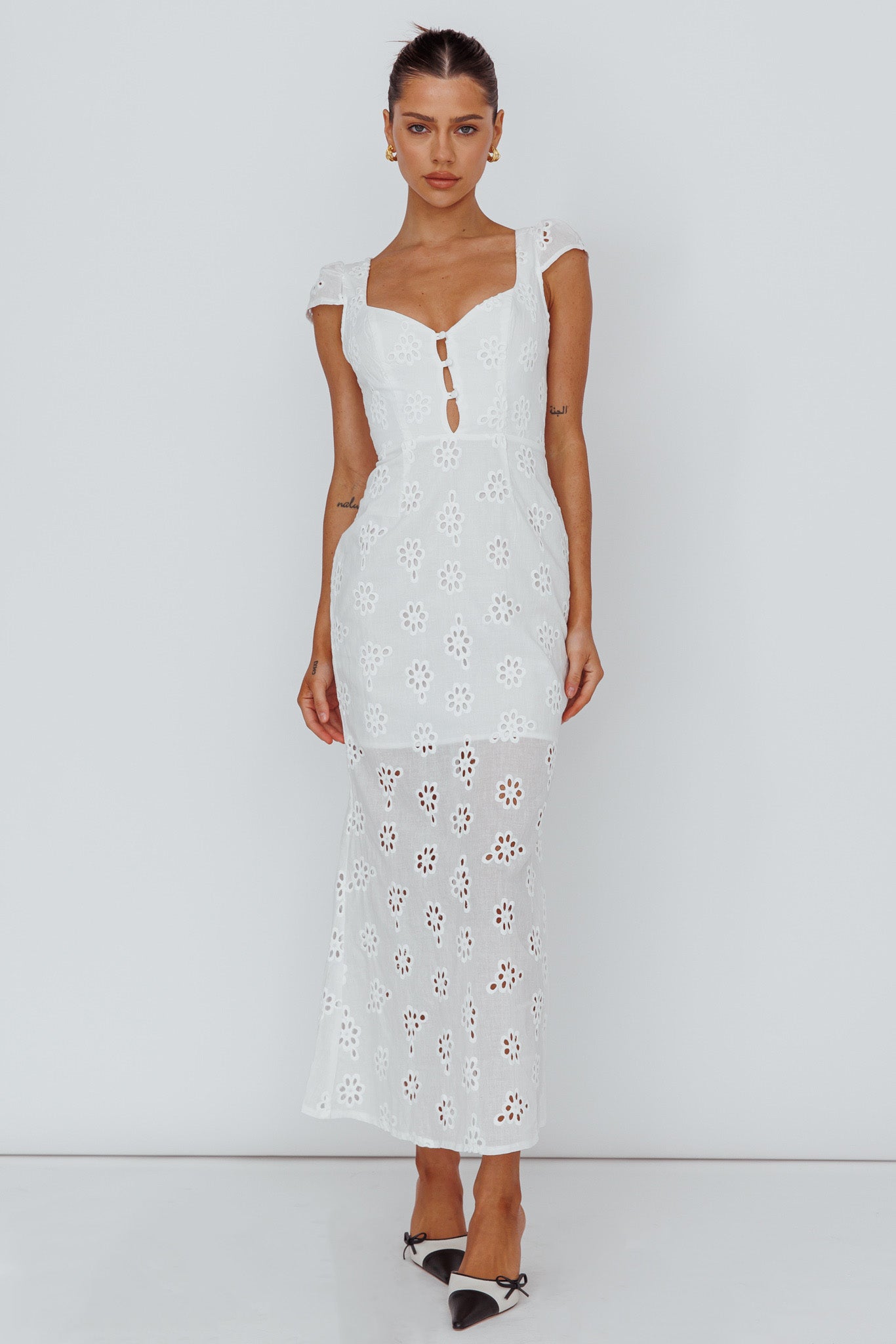 Bohemian Sun Cap Sleeve Eyelet Midi Dress White-Maymioy
