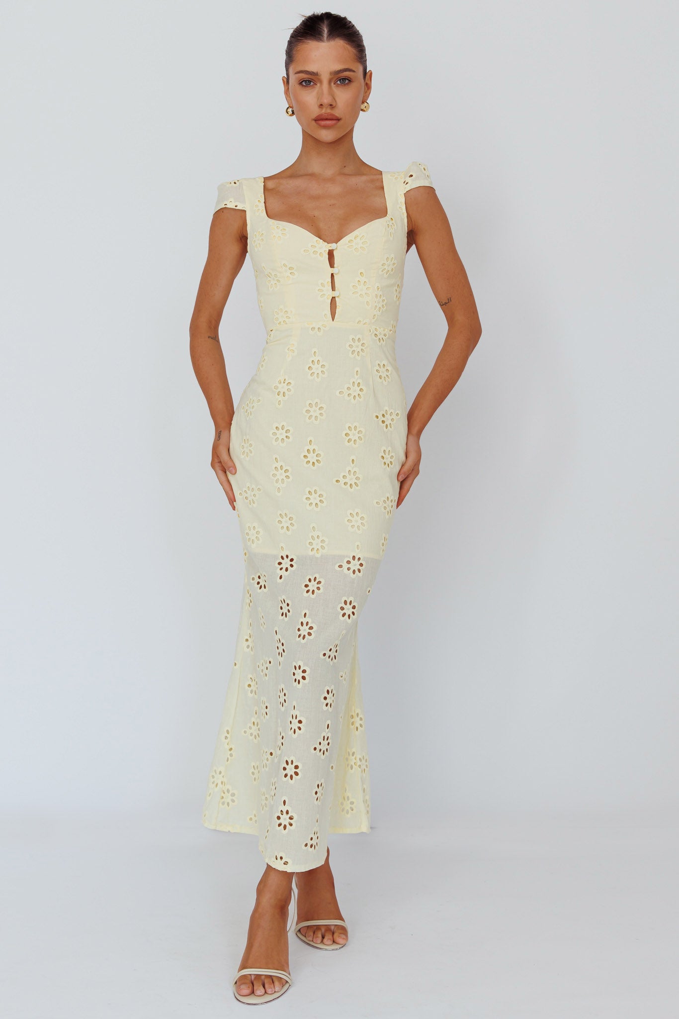 Bohemian Sun Cap Sleeve Eyelet Midi Dress Yellow-Maymioy