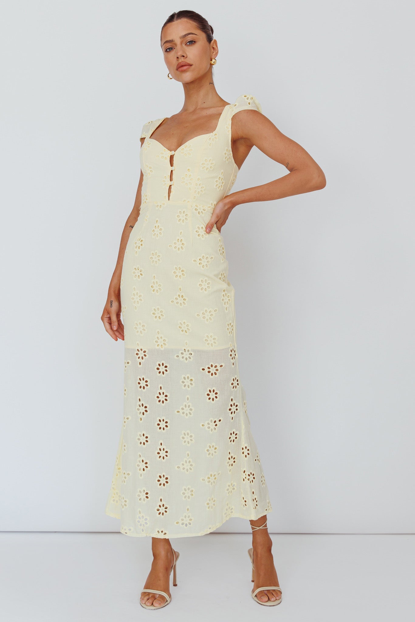 Bohemian Sun Cap Sleeve Eyelet Midi Dress Yellow-Maymioy