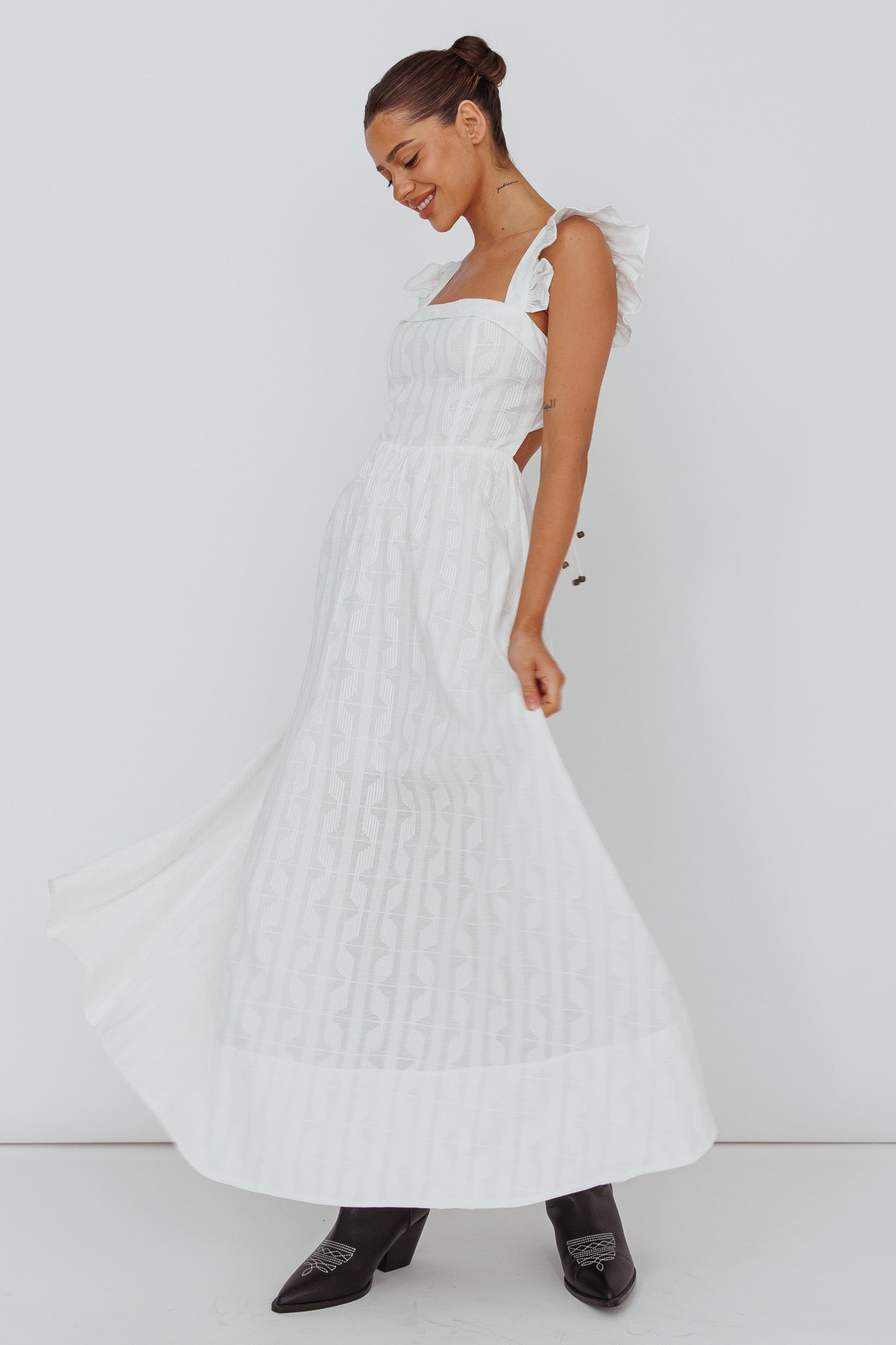 Greatest Hits Ruffle Strap Maxi Dress White-Maymioy