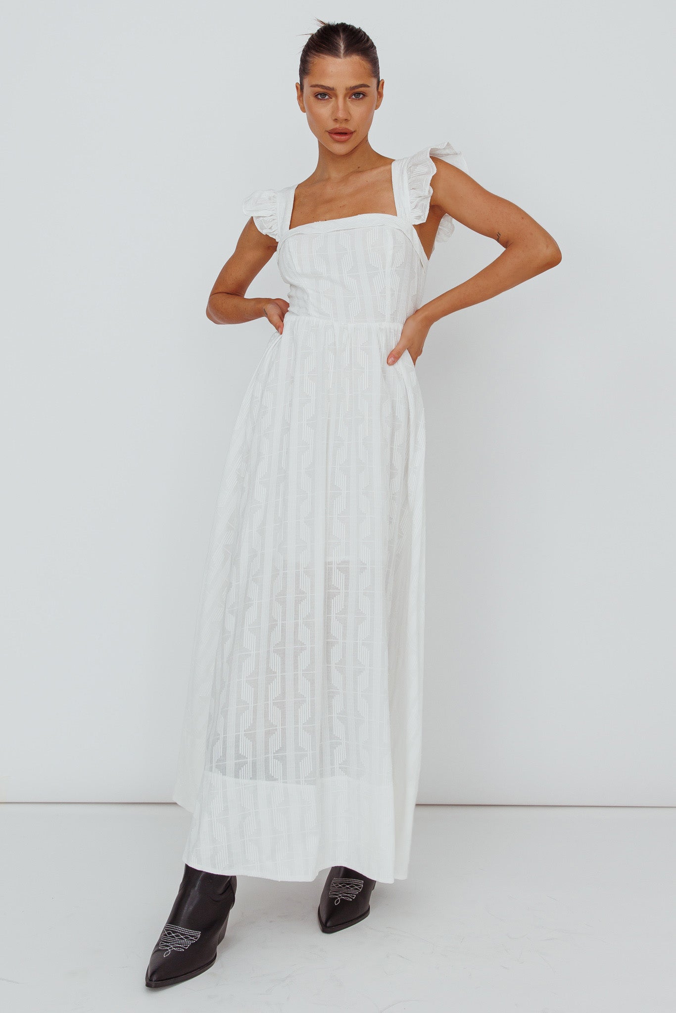 Greatest Hits Ruffle Strap Maxi Dress White-Maymioy