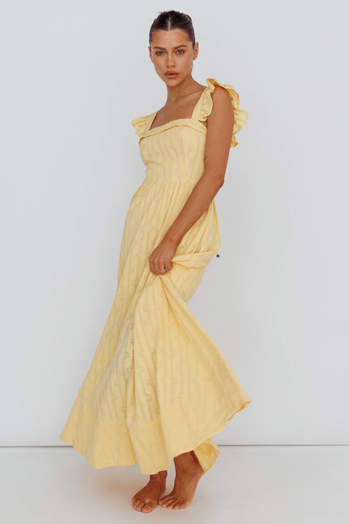 Greatest Hits Ruffle Strap Maxi Dress Yellow-Maymioy