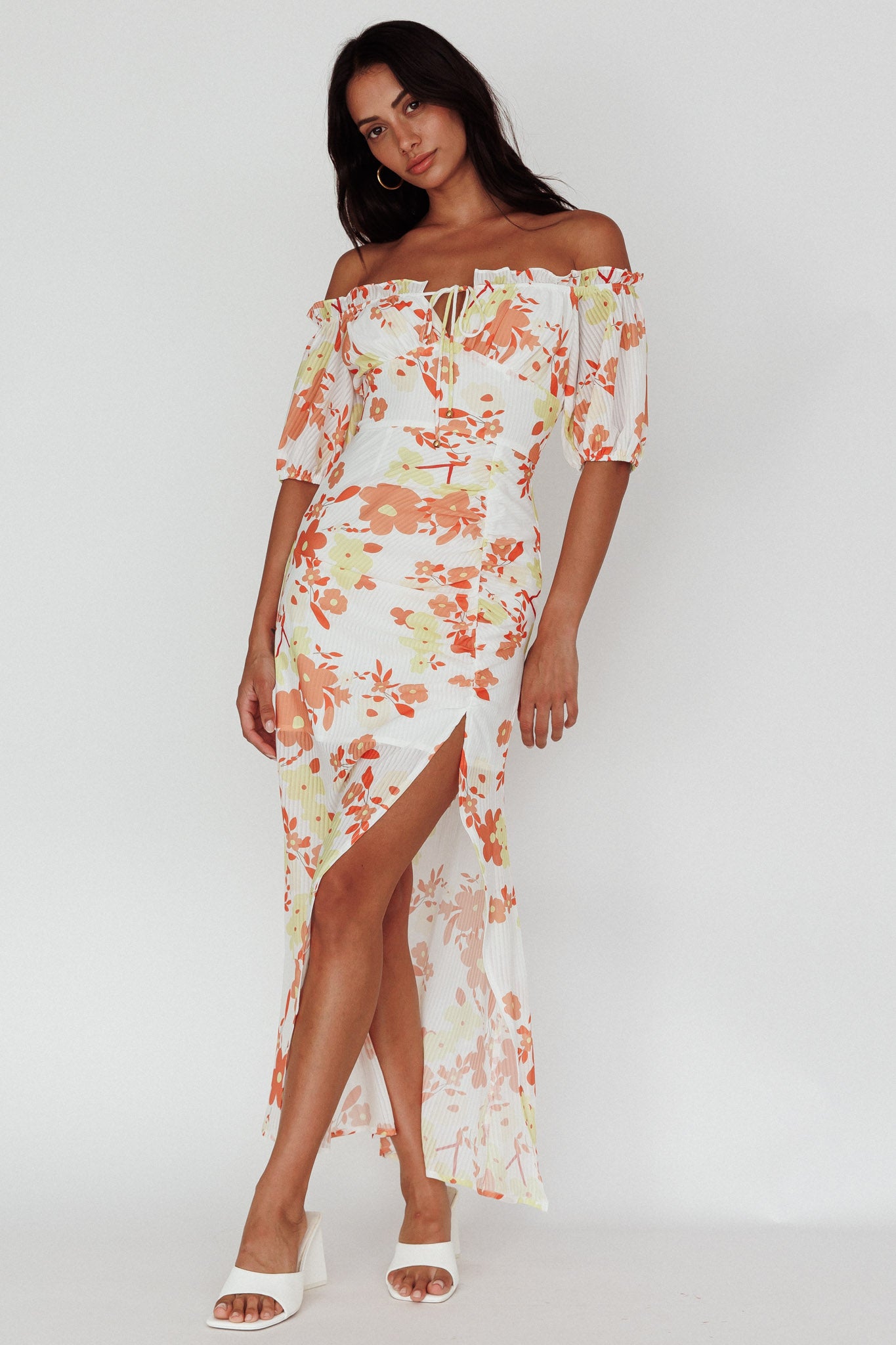 Jalynn Off-Shoulder Split Midi Dress Floral Orange-Maymioy