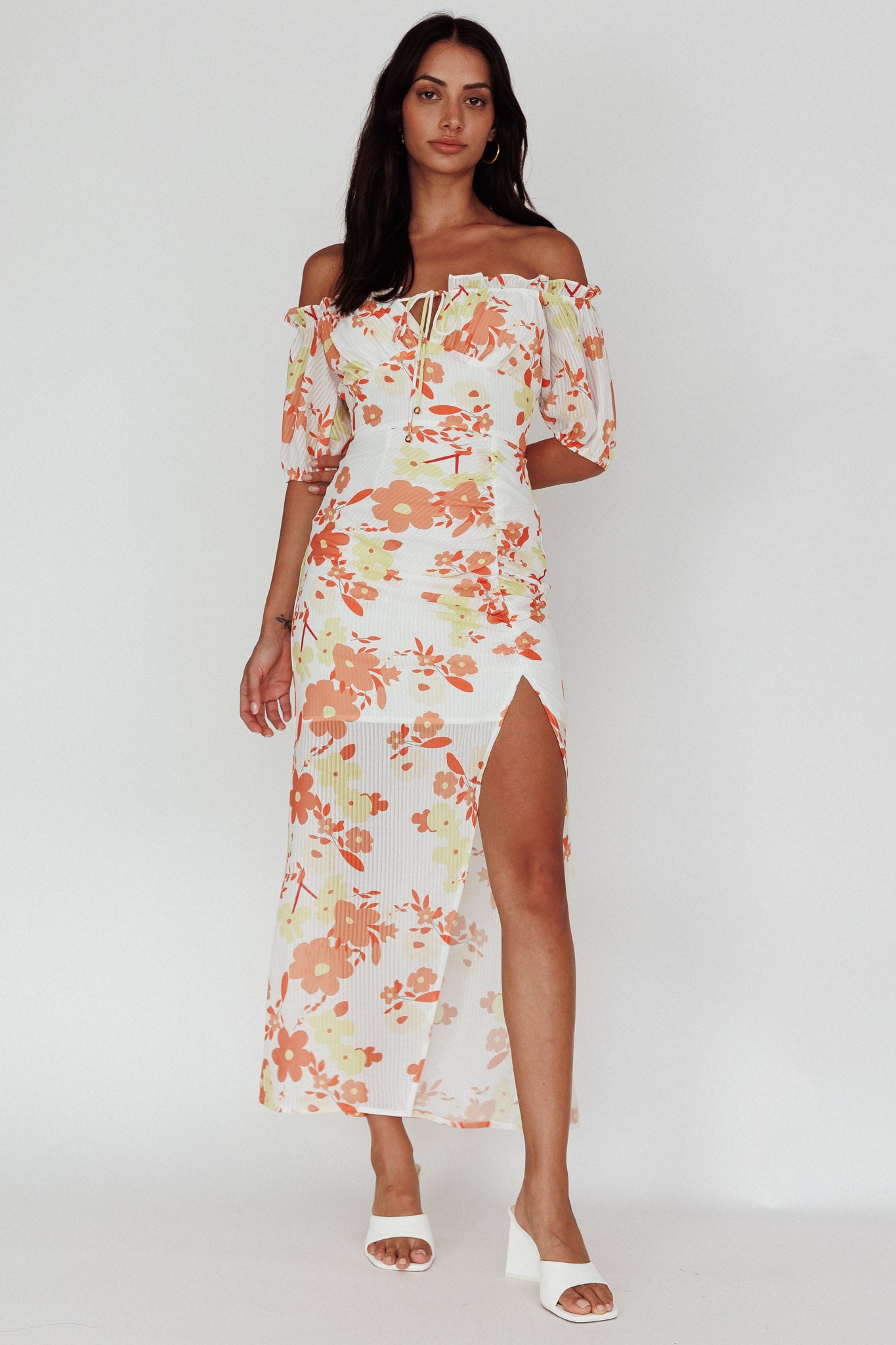 Jalynn Off-Shoulder Split Midi Dress Floral Orange-Maymioy