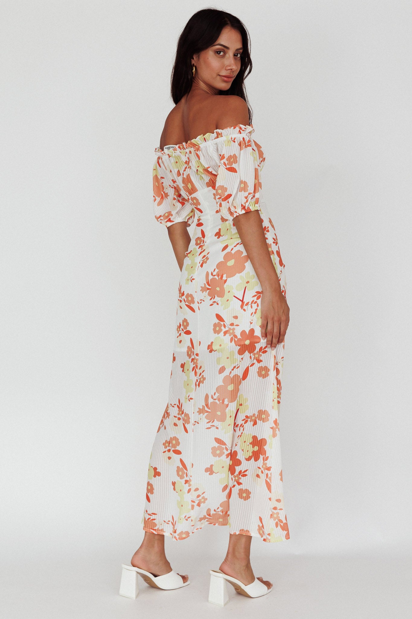 Jalynn Off-Shoulder Split Midi Dress Floral Orange-Maymioy