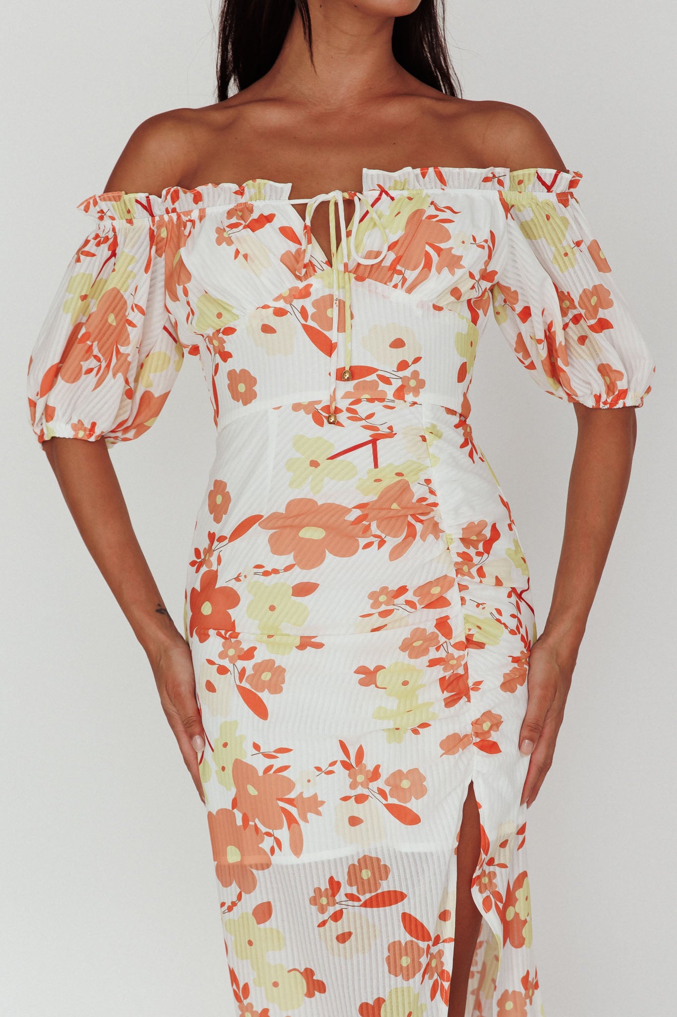 Jalynn Off-Shoulder Split Midi Dress Floral Orange-Maymioy